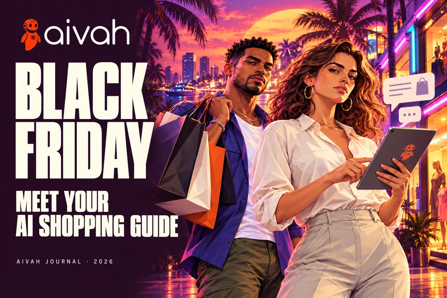 Aivah’s illustrated shopping guide and customer outside neon storefronts at sunset, beside the words Black Friday: Meet your AI shopping guide