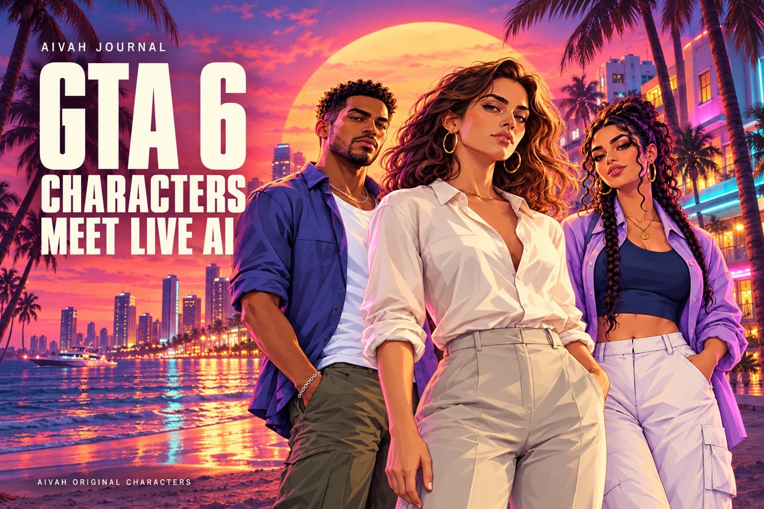GTA 6 characters meet live AI: Aivah’s three illustrated characters on a neon coastal boulevard at sunset