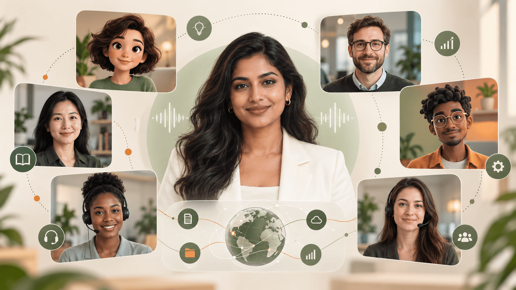 Original editorial collage of diverse live AI avatar guides around a central AI employee