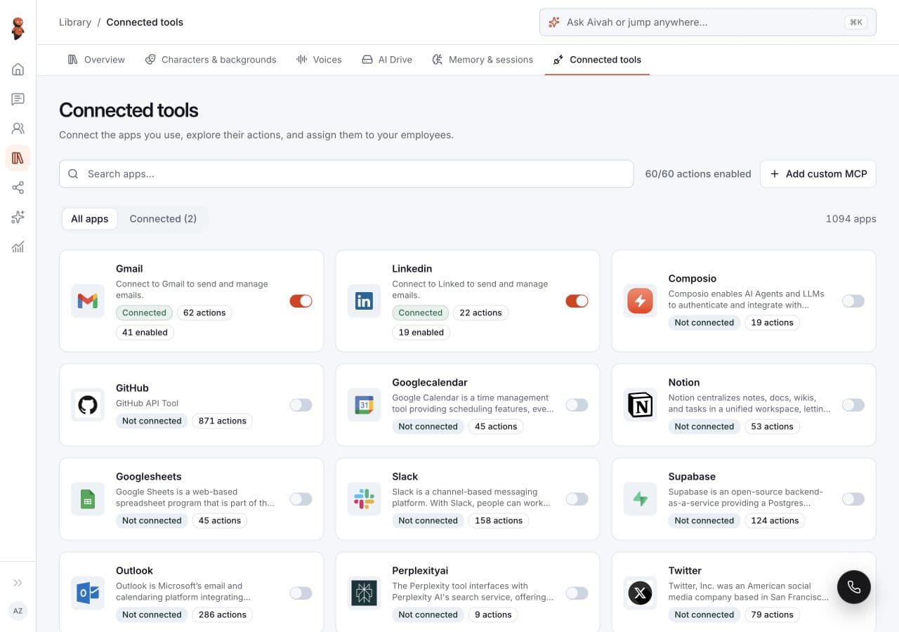 Connected tools catalog in Aivah