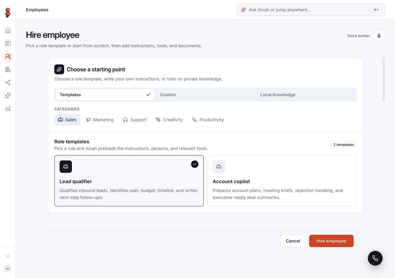 Current Aivah Hire employee screen showing role starting points and capabilities