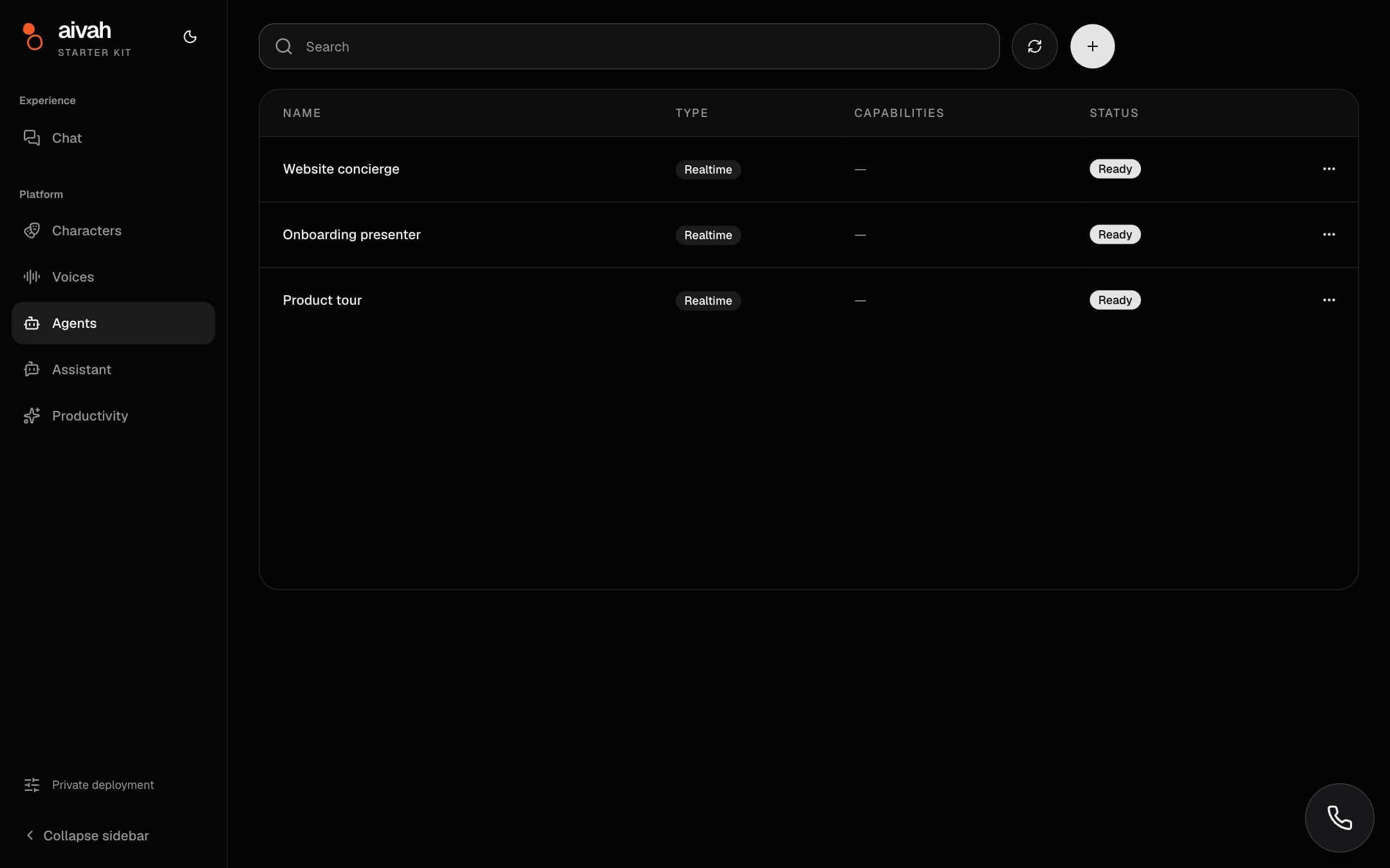 The Starter Kit agents screen listing agents with type and status