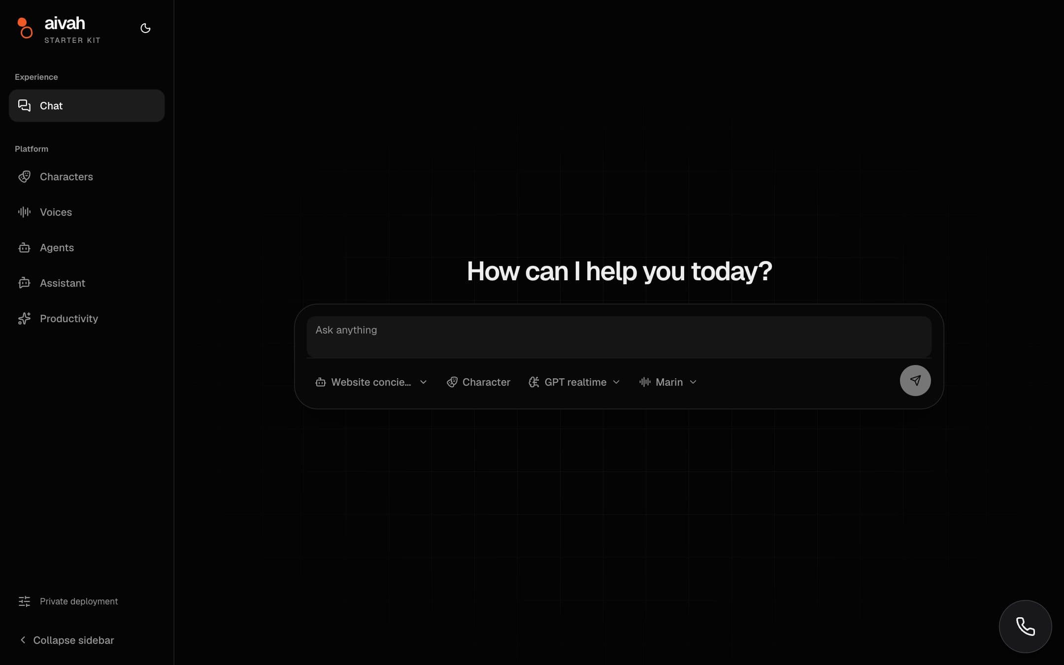The Starter Kit chat screen with agent, character, model and voice pickers