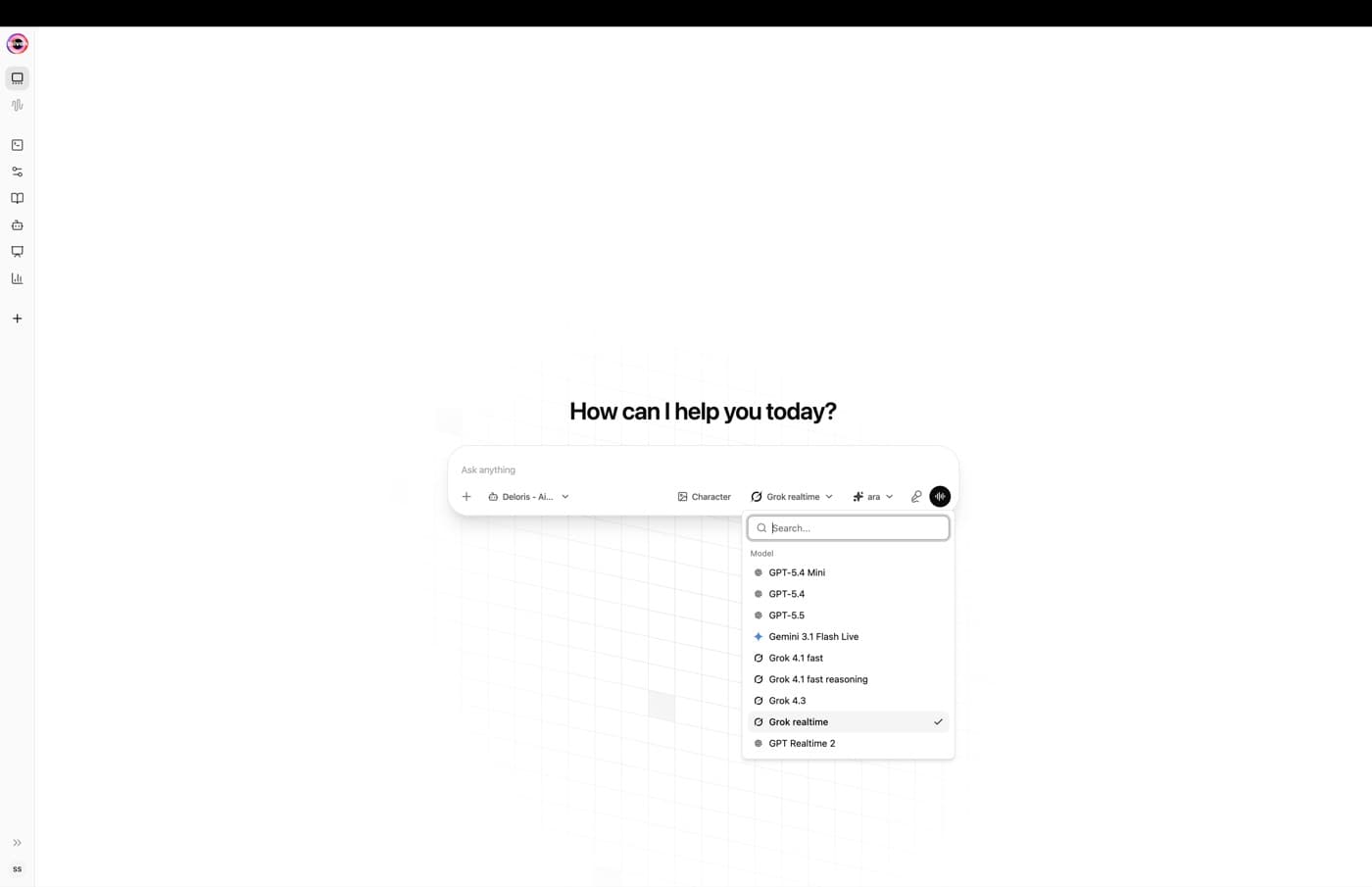 Aivah workspace with the supported model picker open
