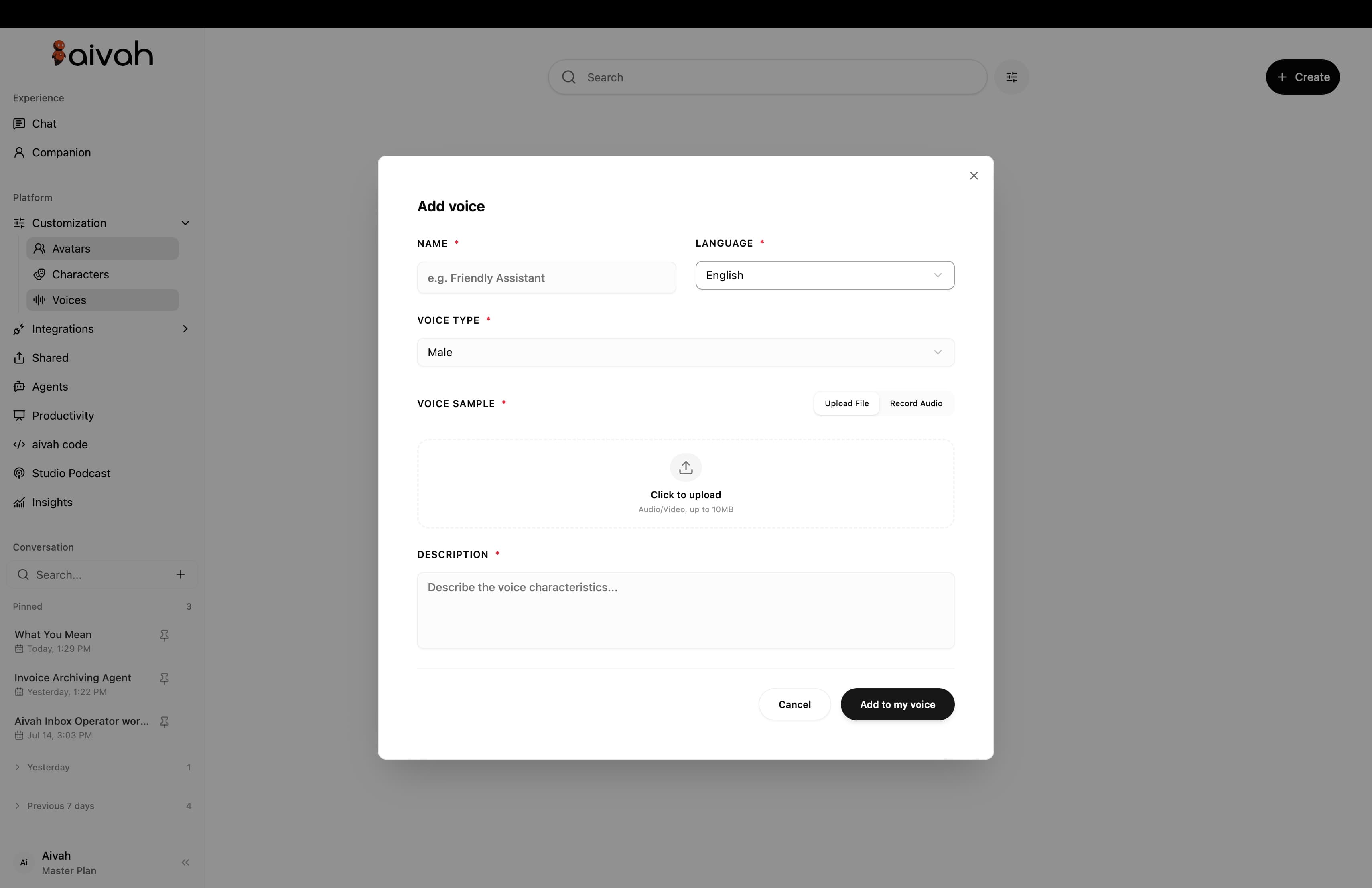 Create an approved voice. inside the Aivah platform