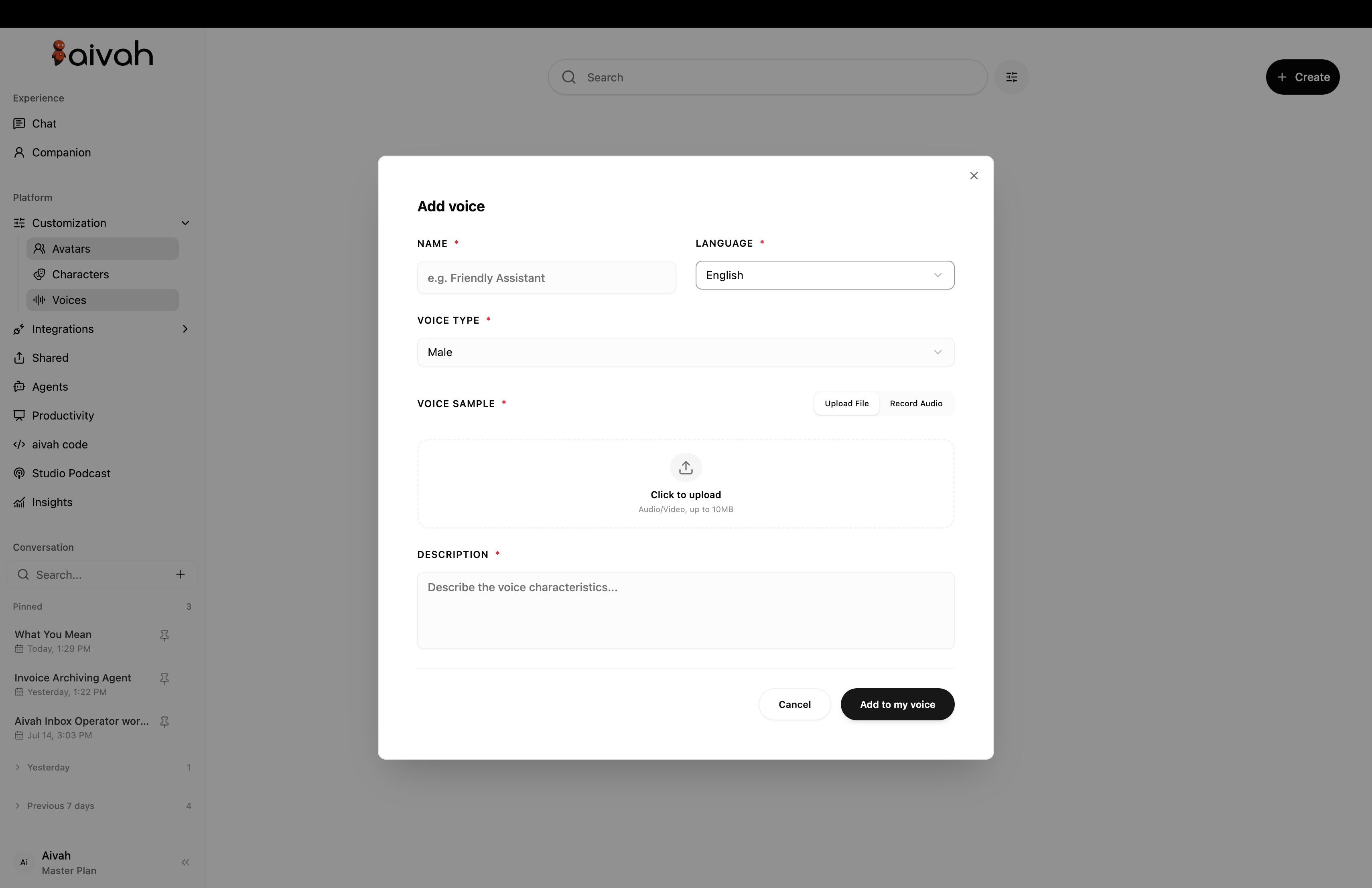 Create an approved voice. inside the Aivah platform