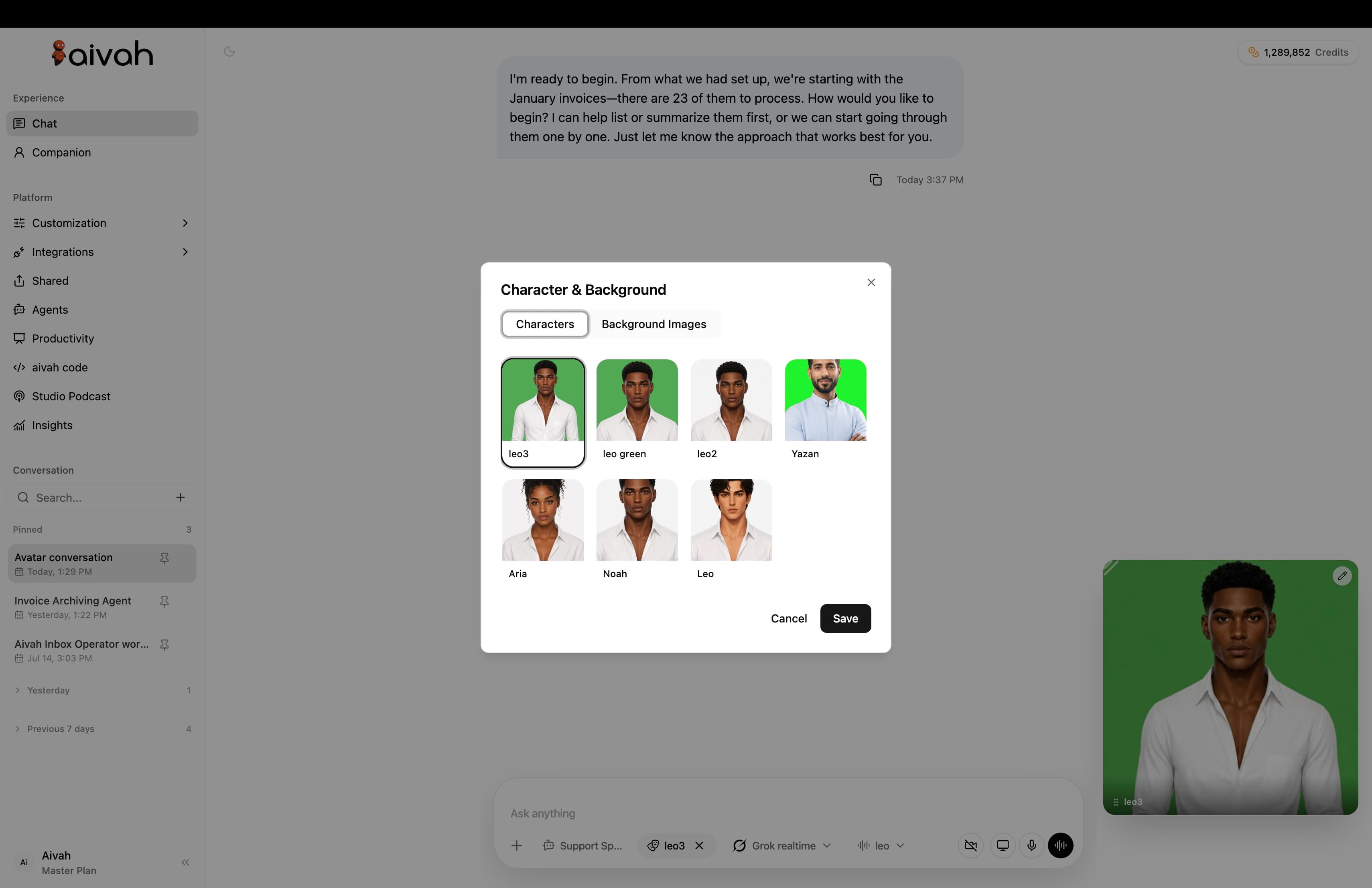 Aivah workspace character and background controls