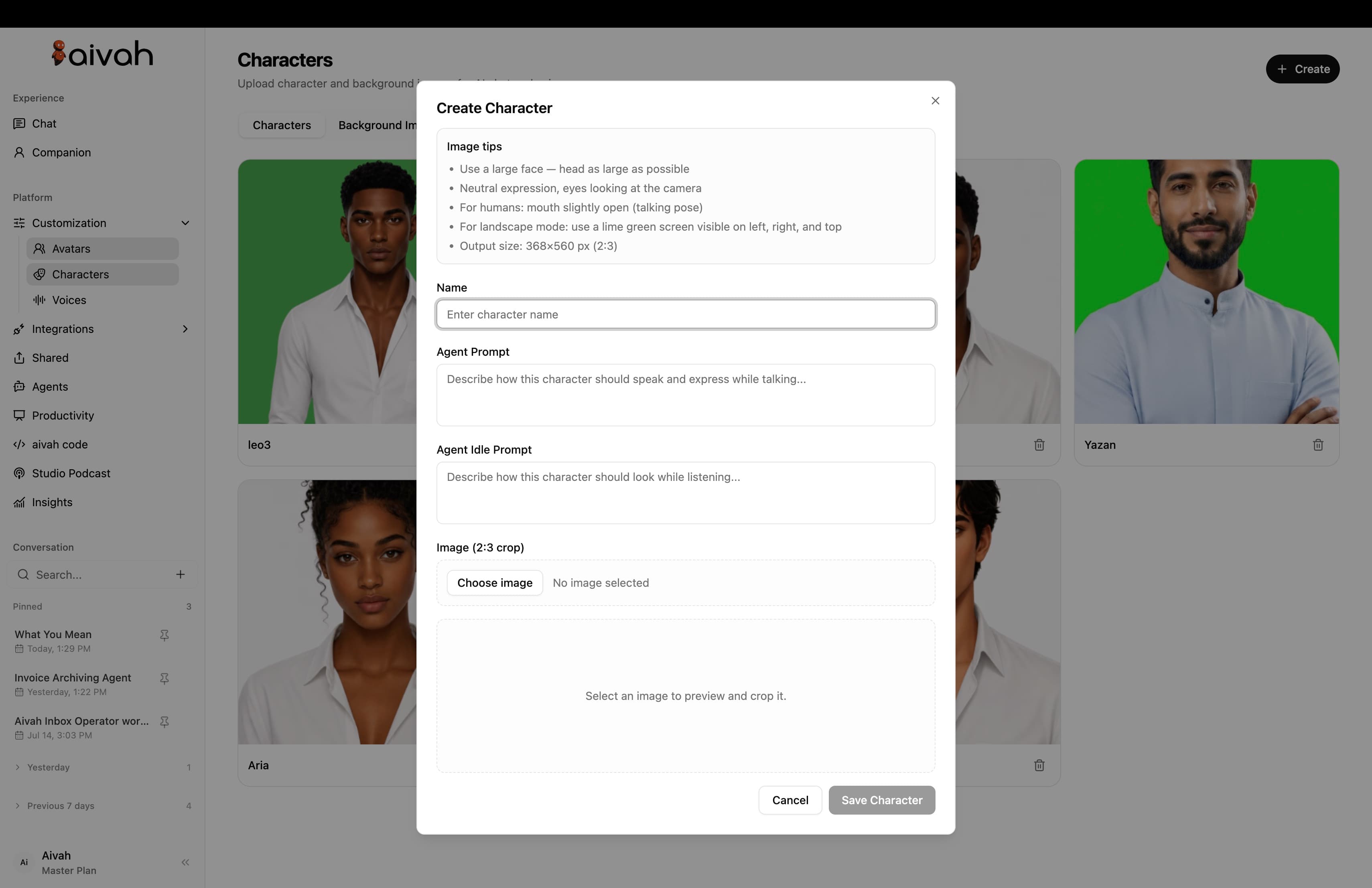 Define how a character speaks and listens. inside the Aivah platform