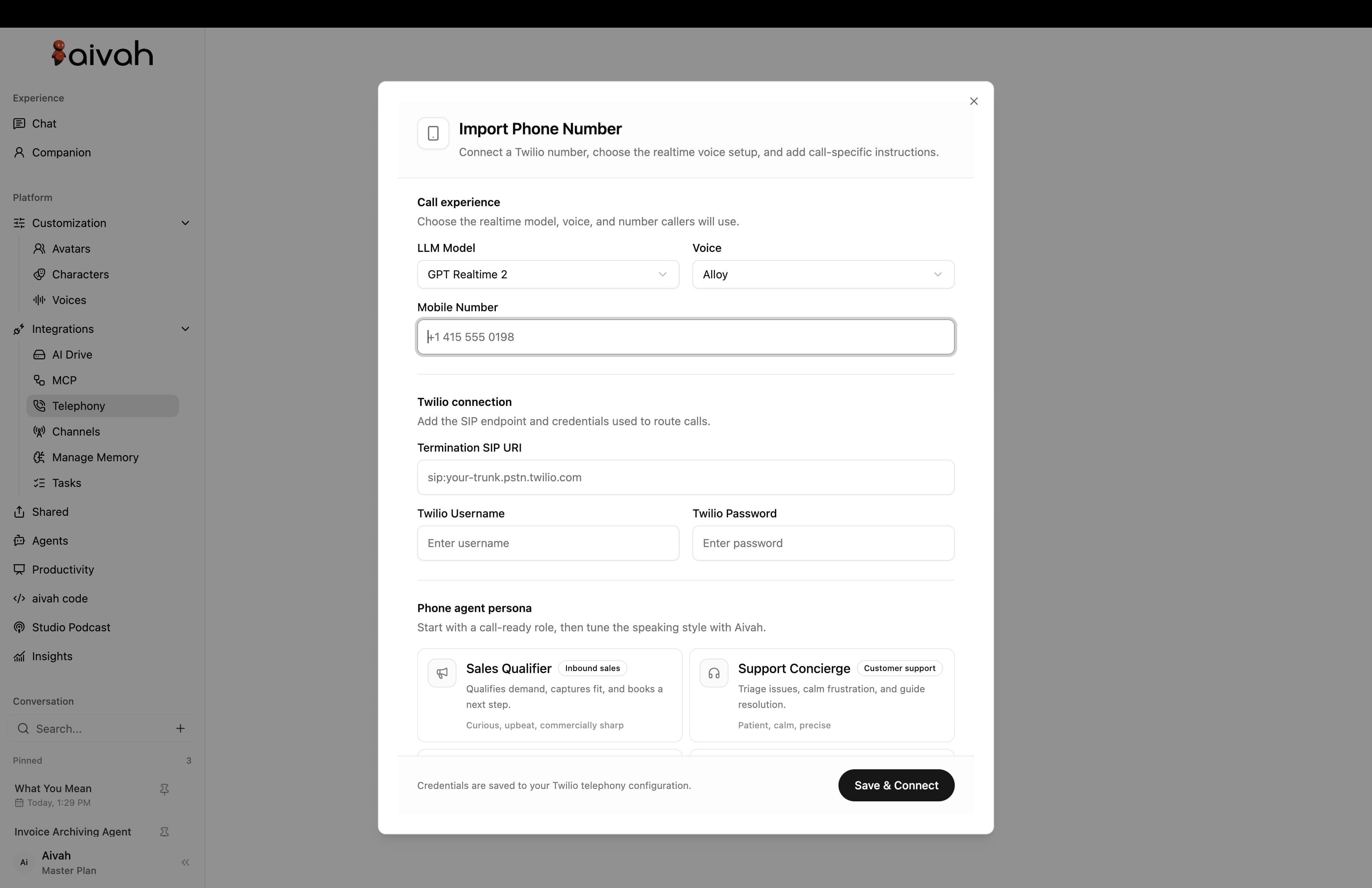 Connect a call-ready employee. inside the Aivah platform