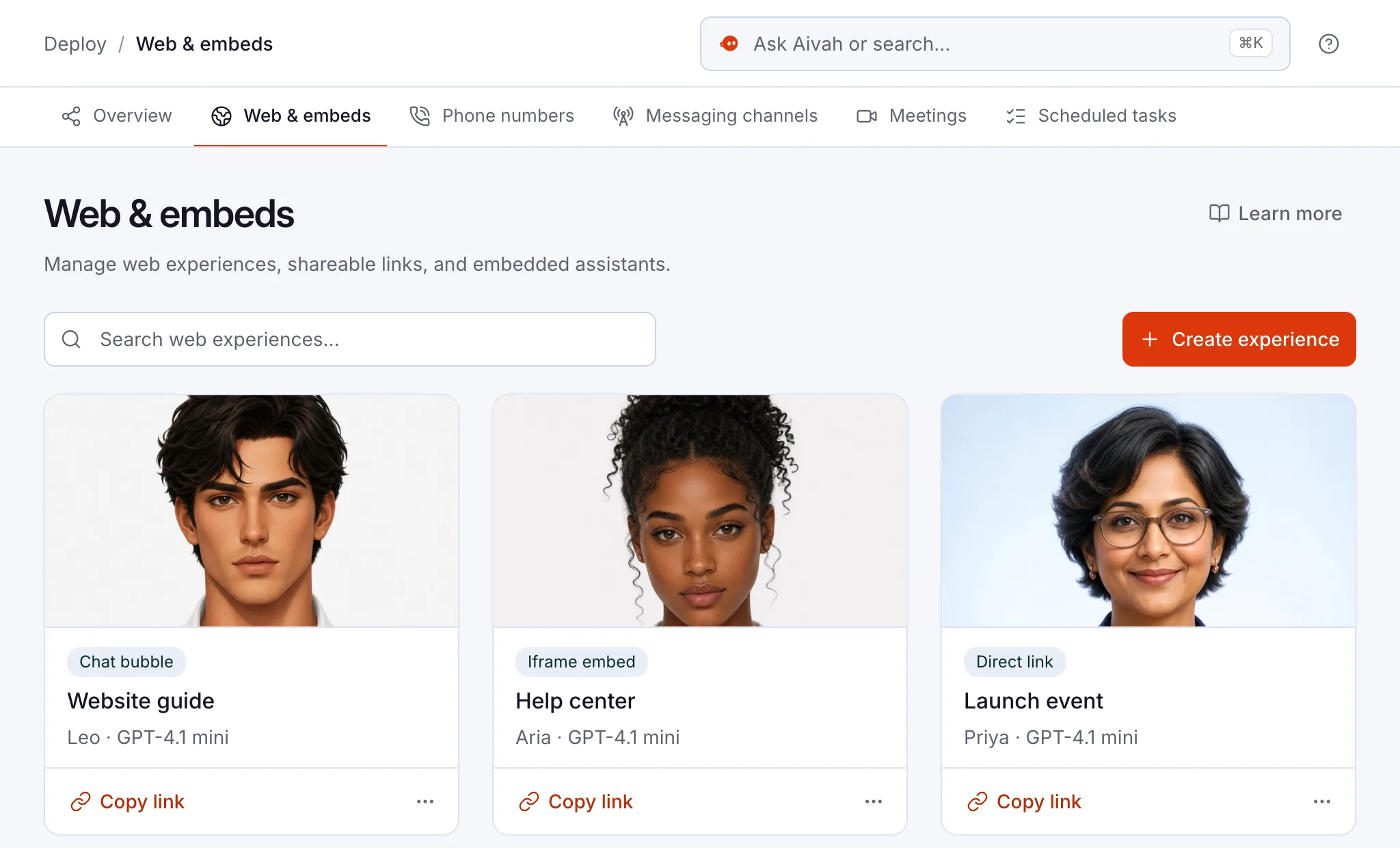 Web & embeds in Aivah: a chat bubble called Website guide, an iframe embed called Help center and a direct link called Launch event, each with its character and Copy link