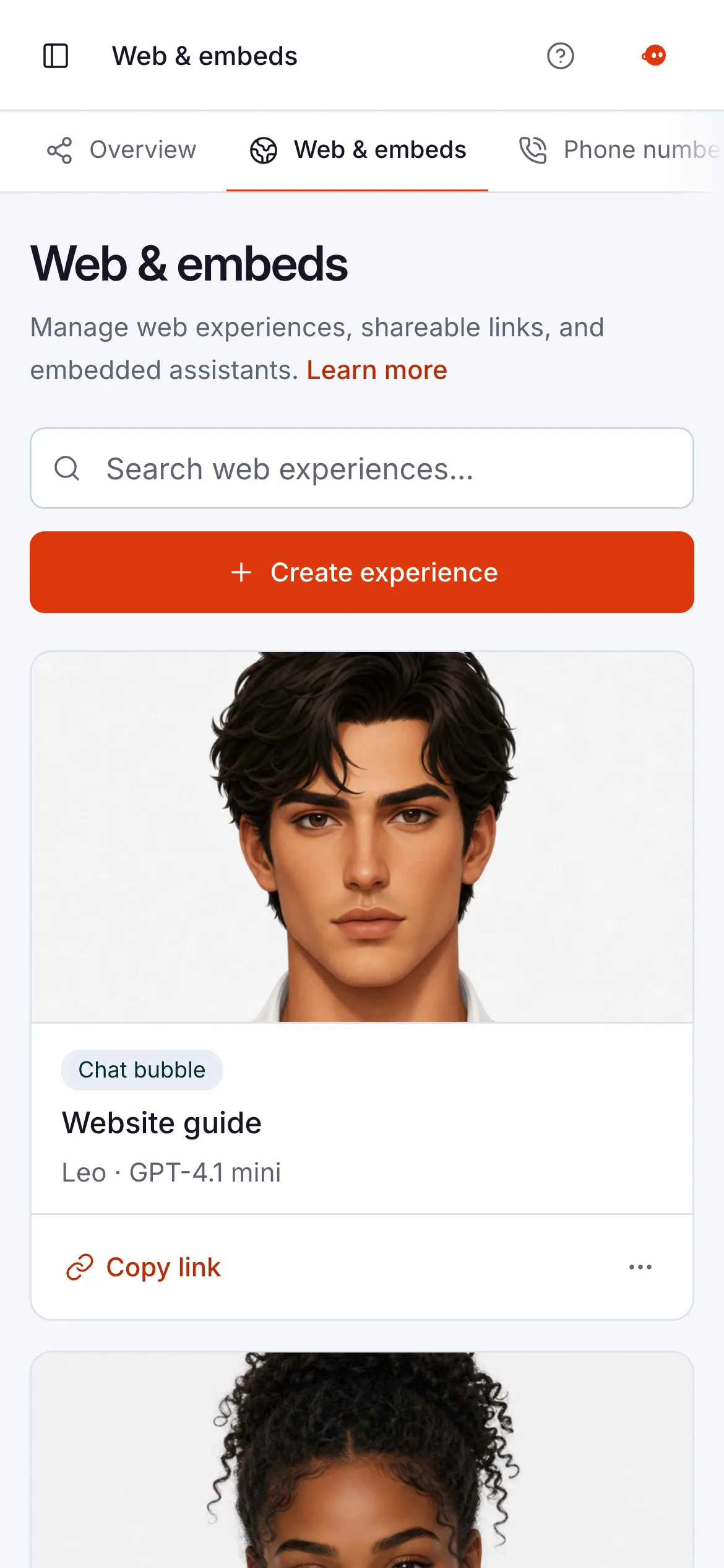 Web & embeds in Aivah on a phone: a website chat bubble called Website guide, with its AI employee’s face and a Copy link button