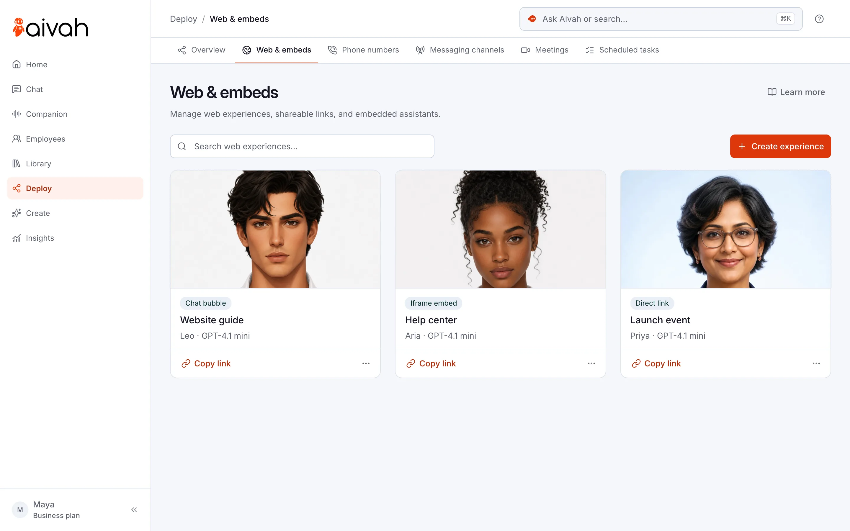 Web & embeds in Aivah: three web experiences, a chat bubble, an iframe embed and a direct link, each with a character, Copy link and Create experience