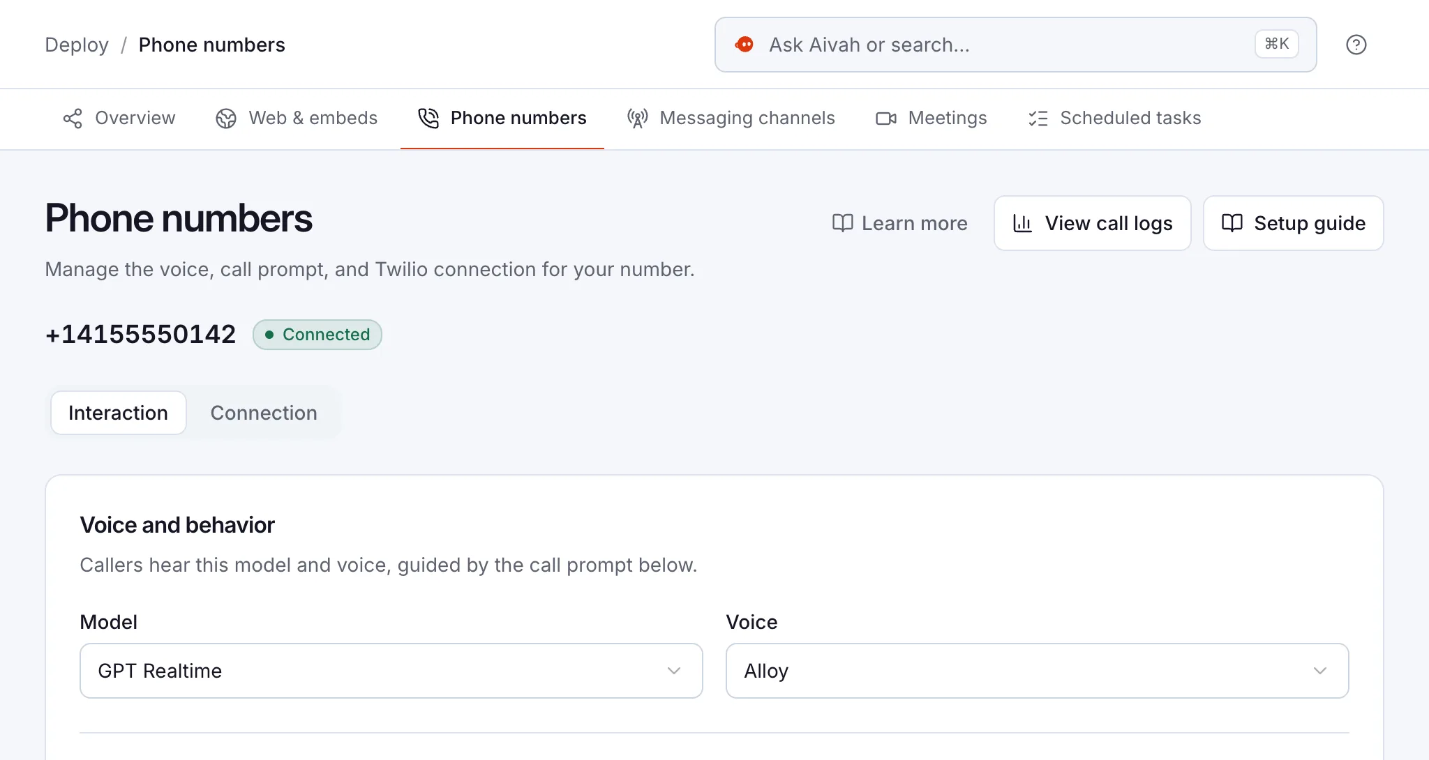 Phone numbers in Aivah: a connected number, the model and the voice callers hear, with Setup guide and View call logs buttons