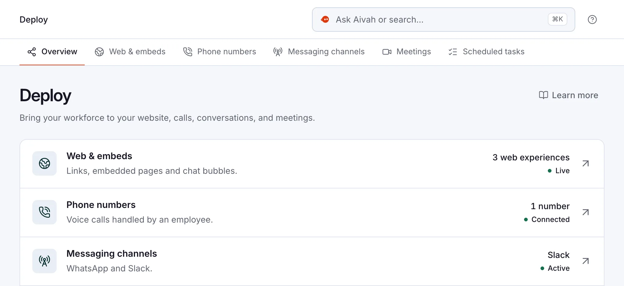 Deploy in Aivah: three live web experiences, one connected phone number and Slack active under Messaging channels