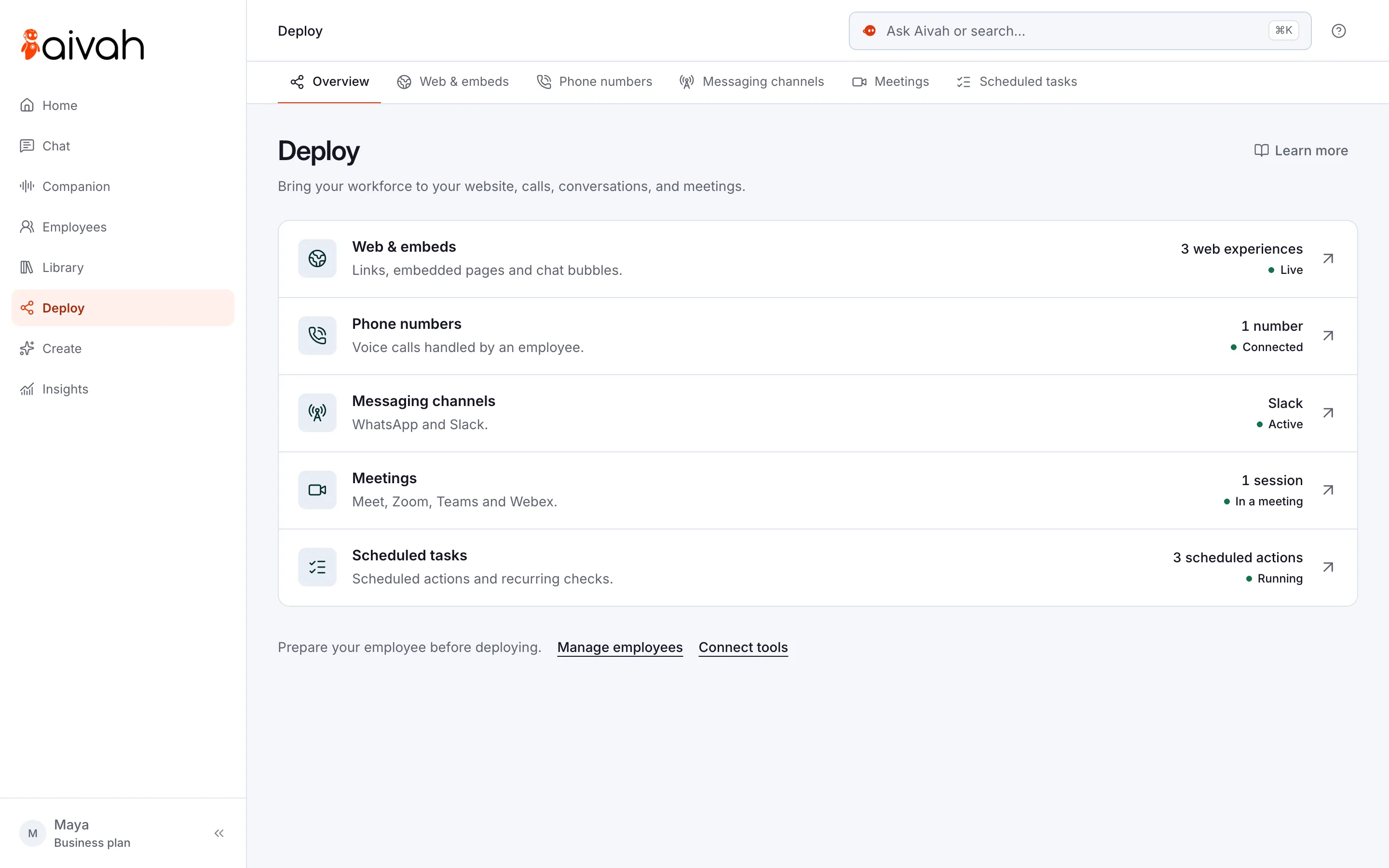Deploy overview in Aivah: web experiences, phone numbers, messaging channels, meetings and scheduled tasks, each with its status