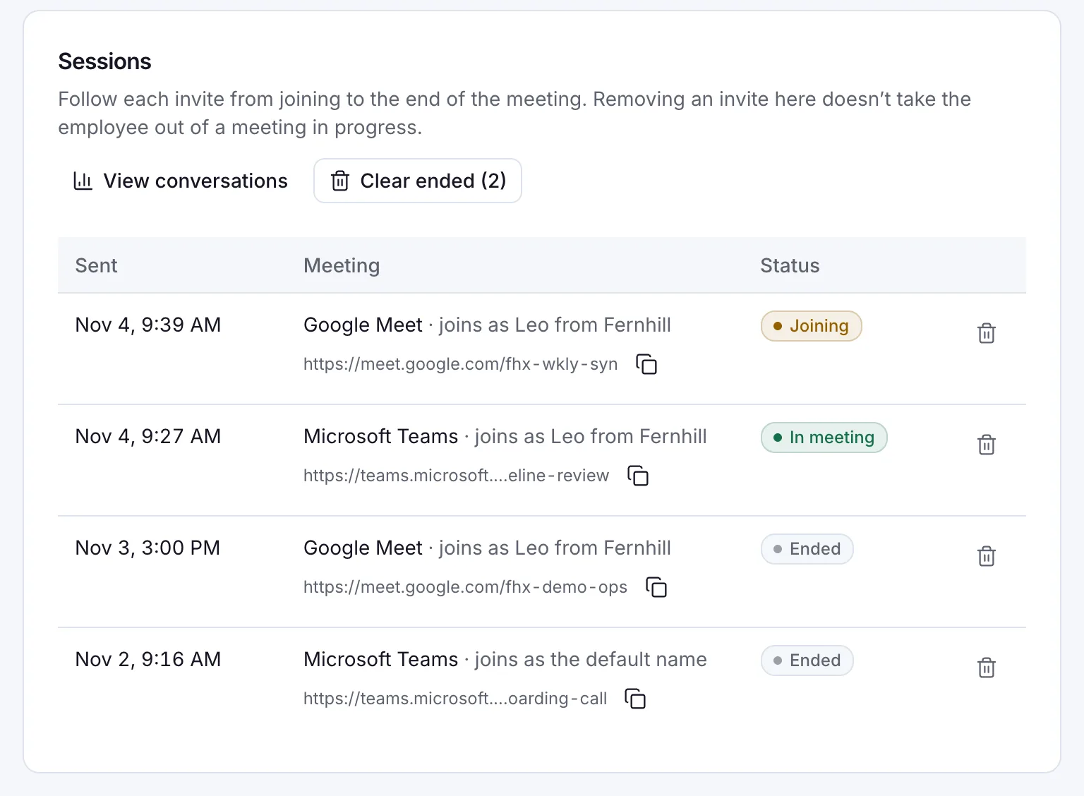 Meeting sessions in Aivah: an AI employee joining a Google Meet call, in a Microsoft Teams meeting, and two ended invites