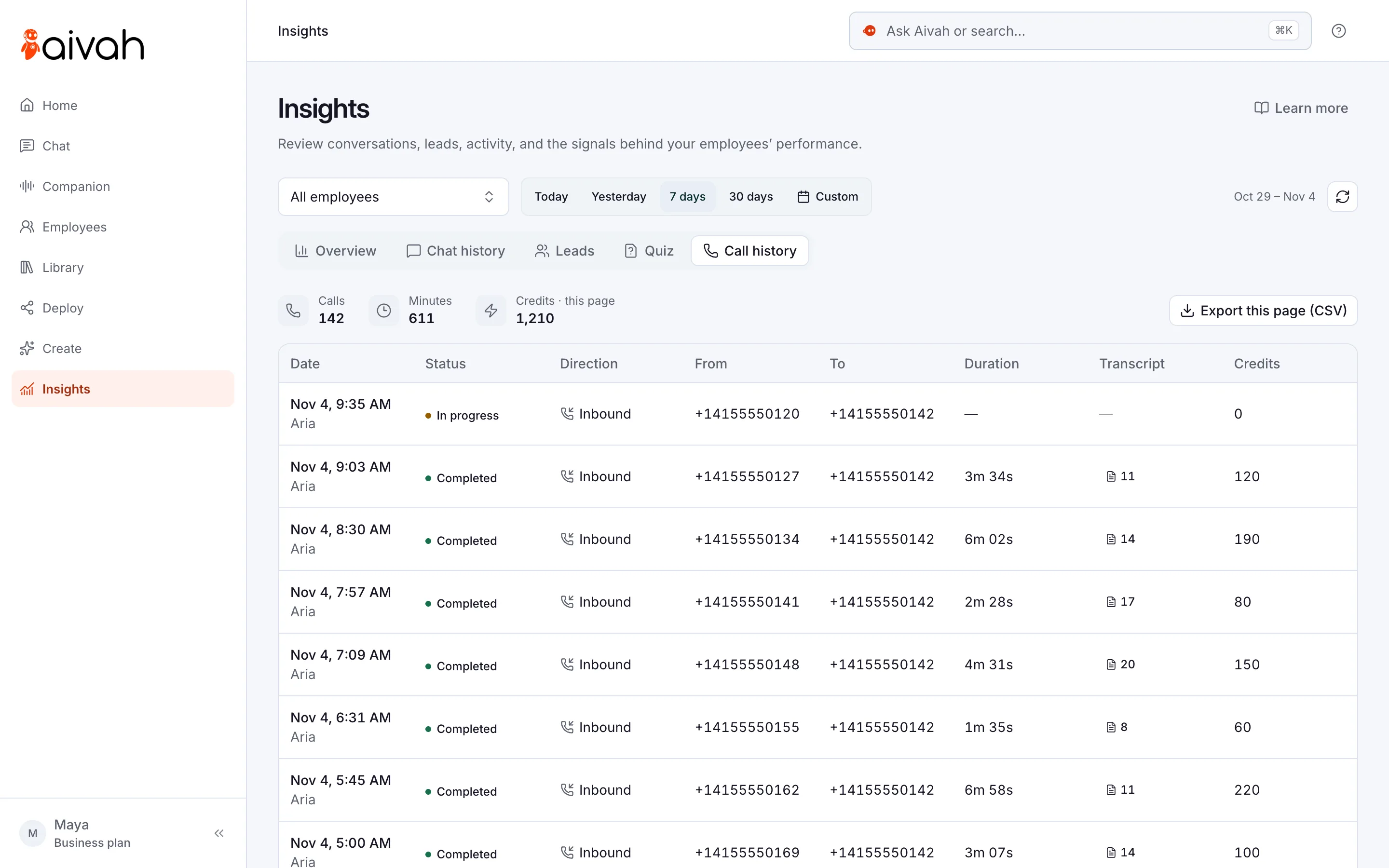 Call history in Insights: incoming calls answered by an AI employee, each with its status, duration, transcript and credits