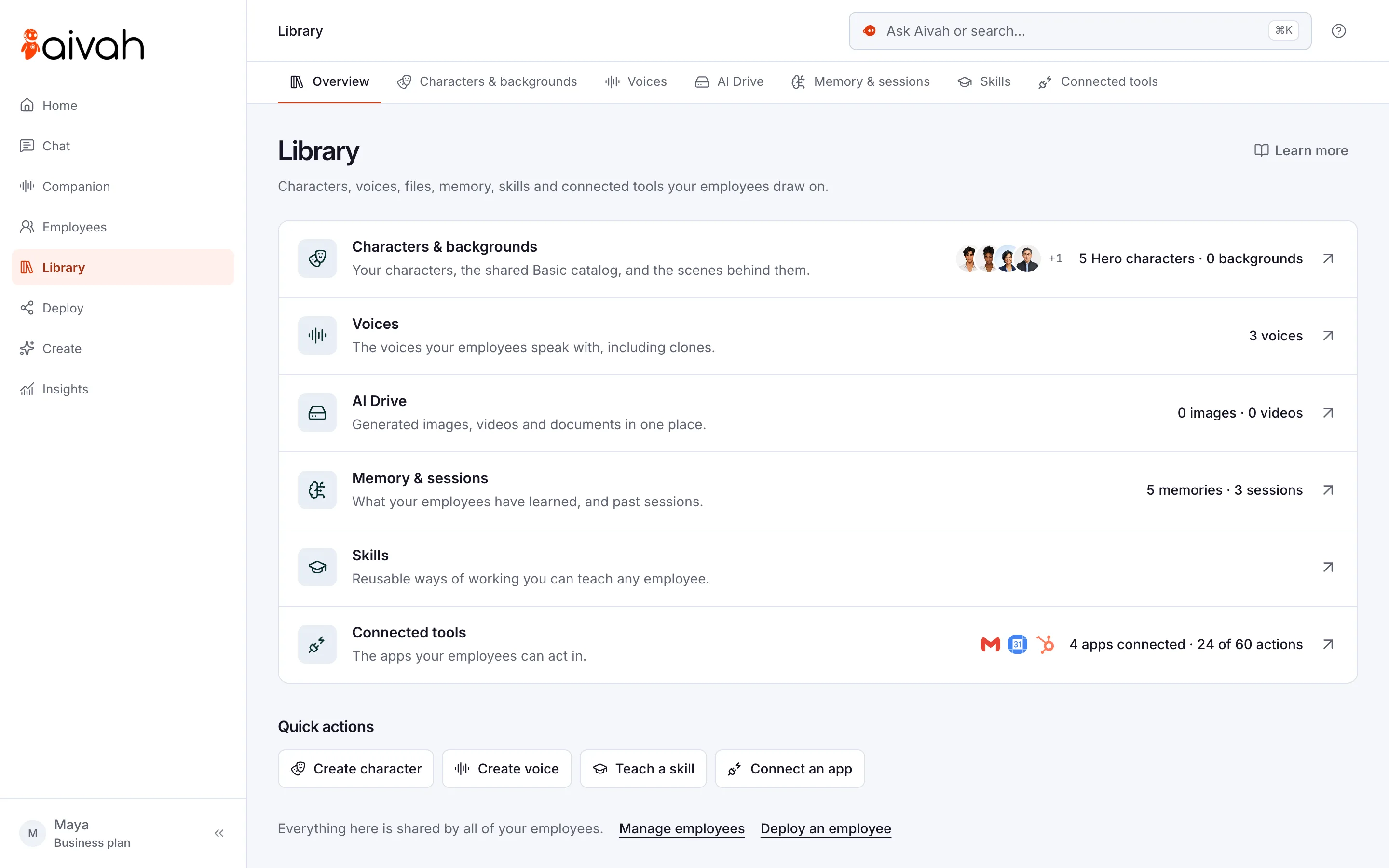 The Aivah Library: characters, voices, AI Drive, memory, skills and connected tools, shared by every employee