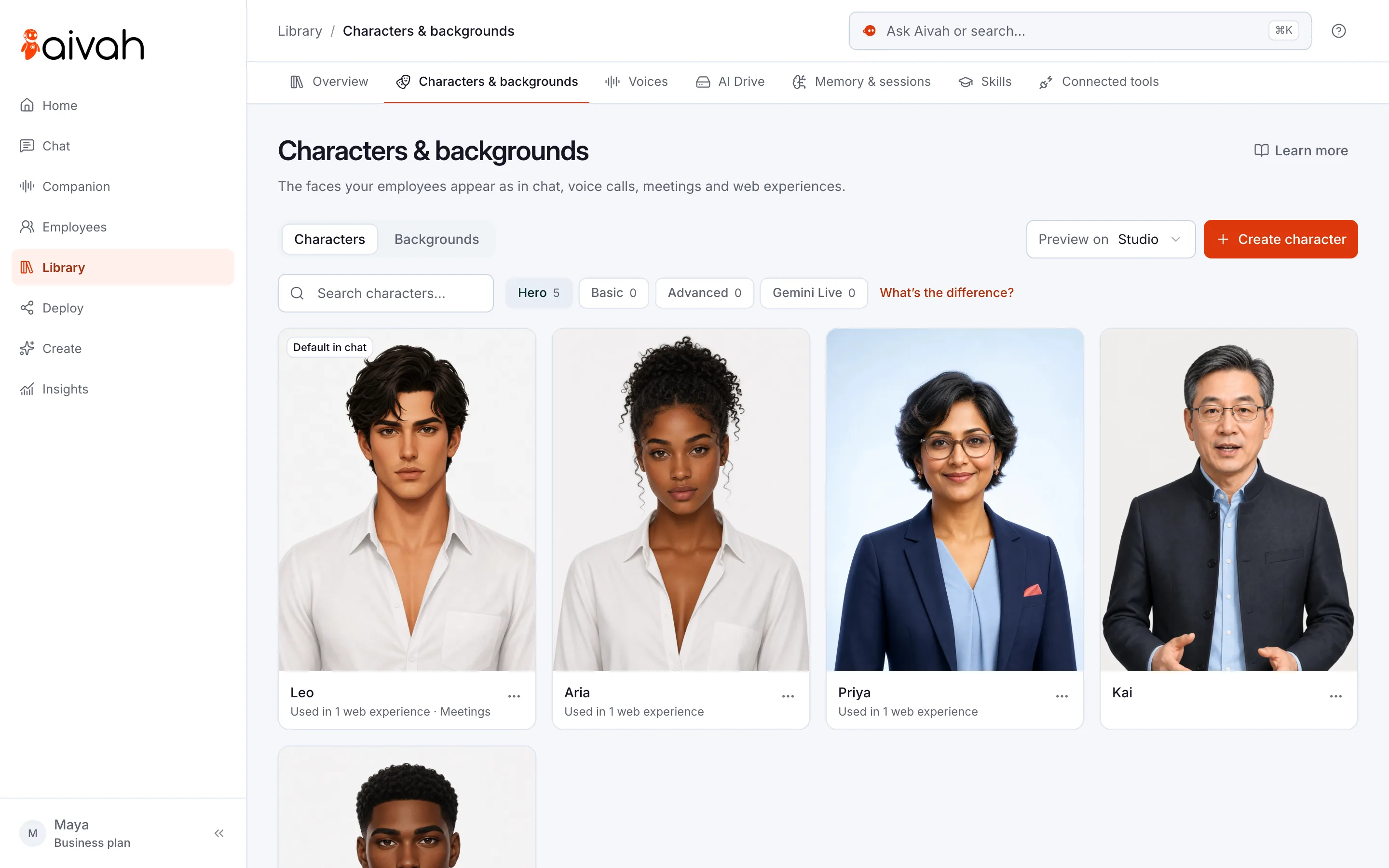Characters & backgrounds in the Aivah Library: Hero characters with catalog filters, a search box and Create character