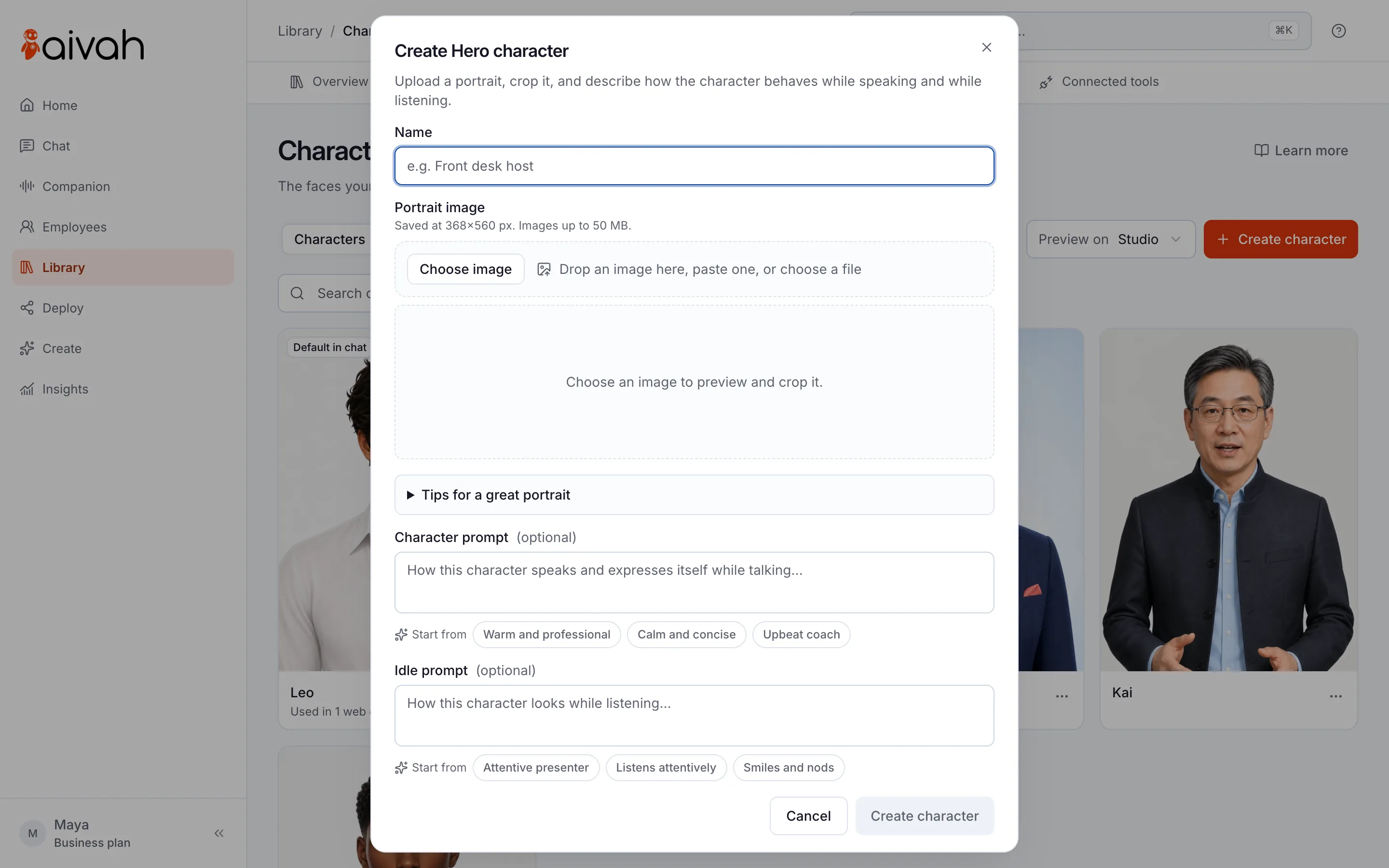 Create Hero character in Aivah: a name such as Front desk host, a portrait to upload and crop, and optional character and idle prompts