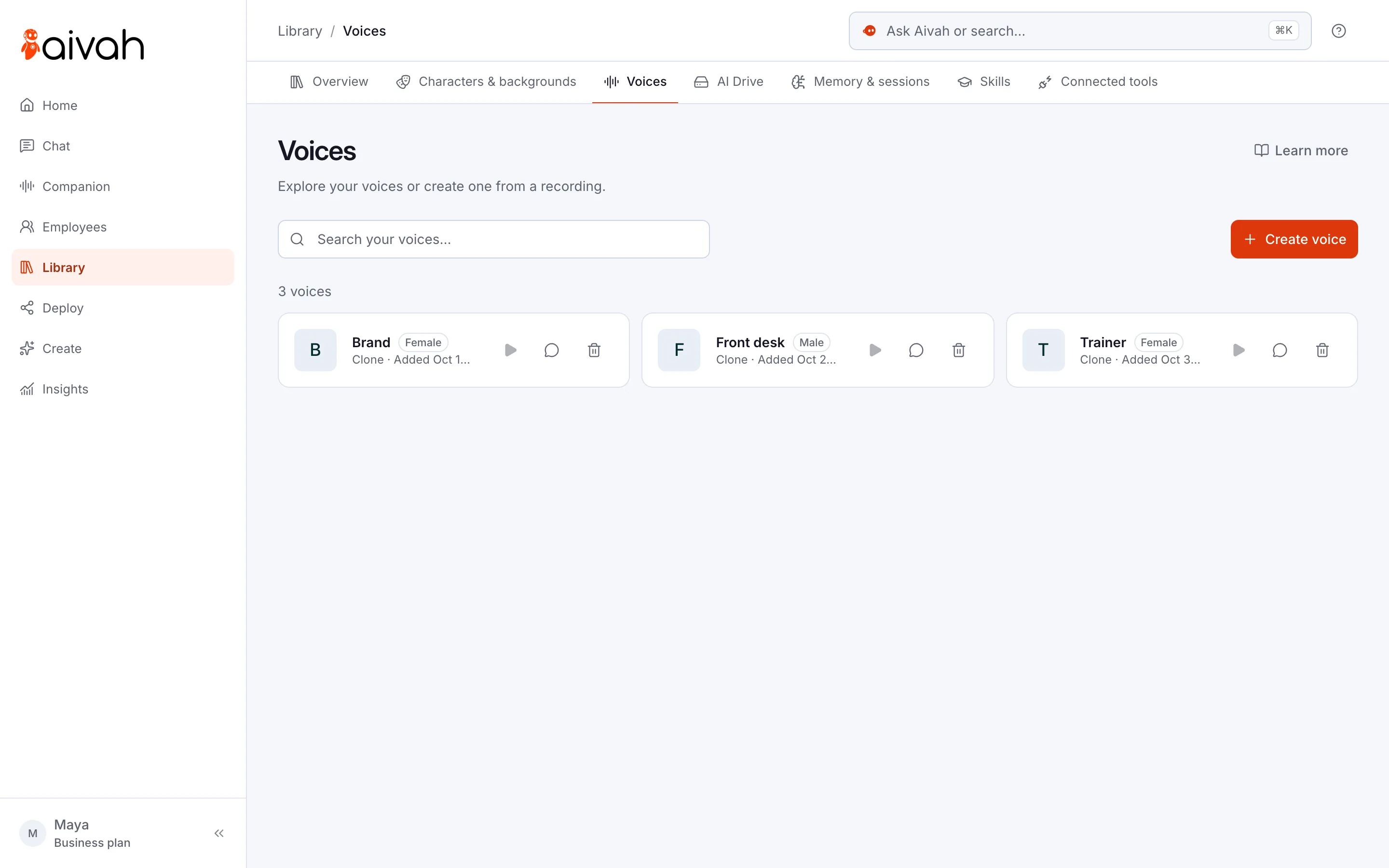 Voices in the Aivah Library: three cloned voices named Brand, Front desk and Trainer, each with play and delete buttons, and Create voice