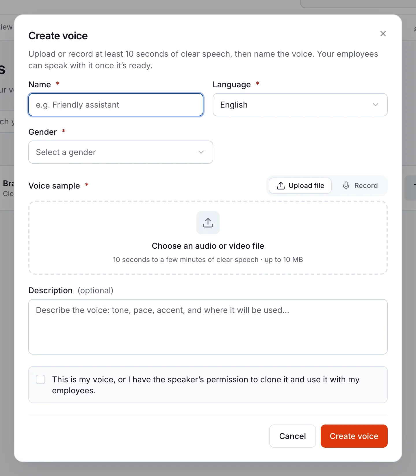 Create voice in Aivah: name, language and gender, a voice sample to upload or record, and a checkbox confirming the speaker’s permission