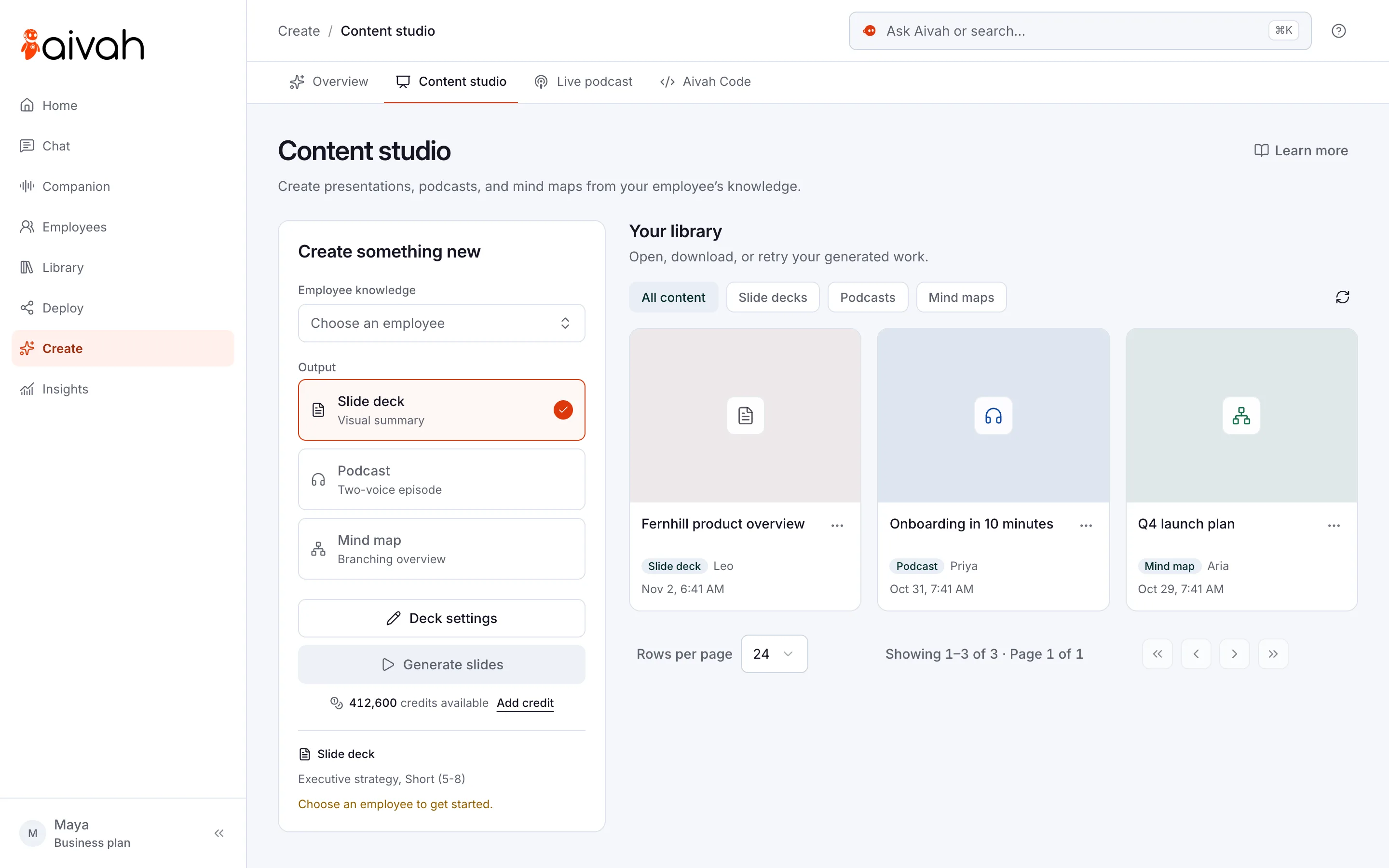 Content studio in Aivah: output choices, deck settings, credits available and a library with a deck, a podcast and a mind map