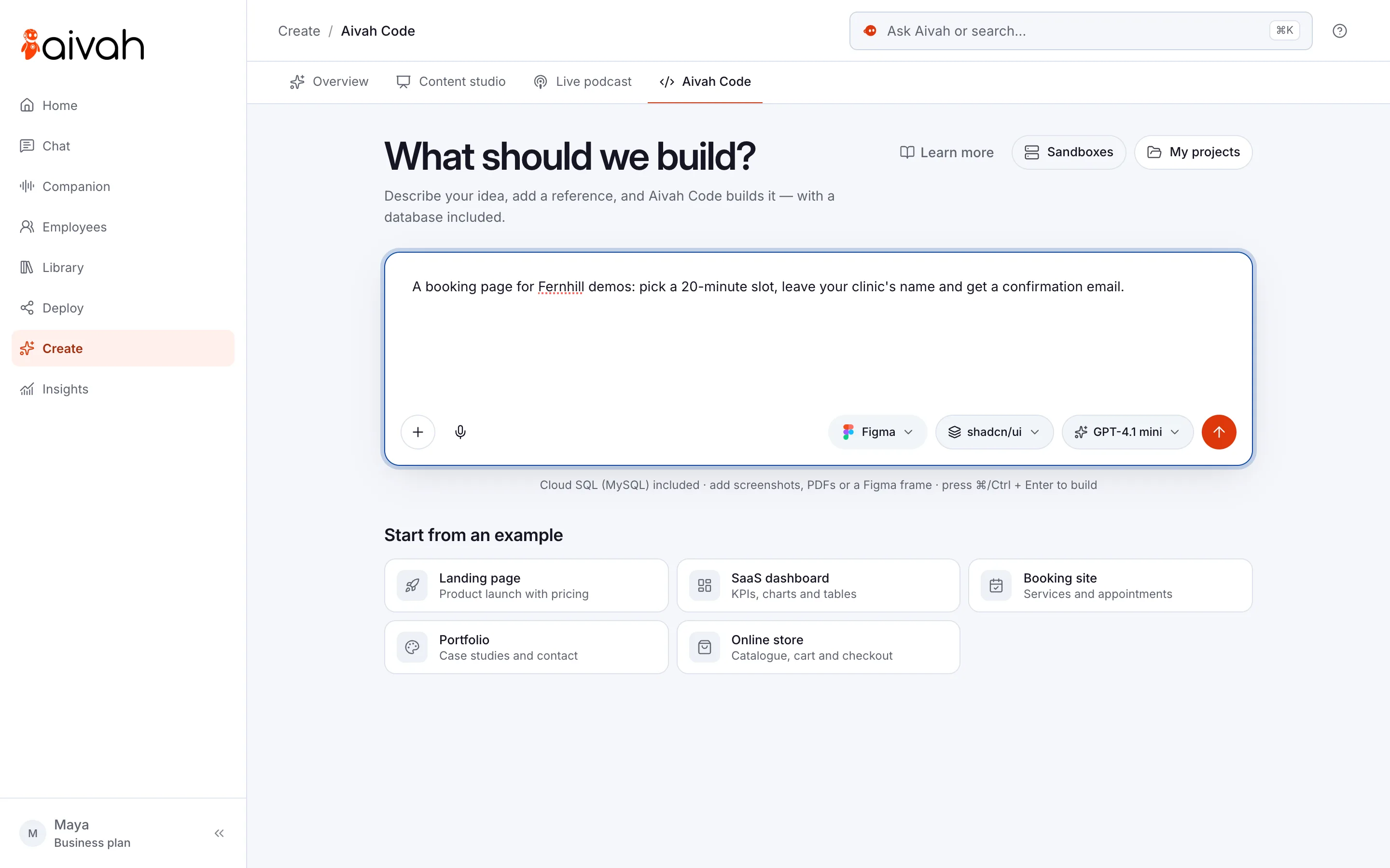 Aivah Code: describe the app to build, with Figma, design system and model pickers
