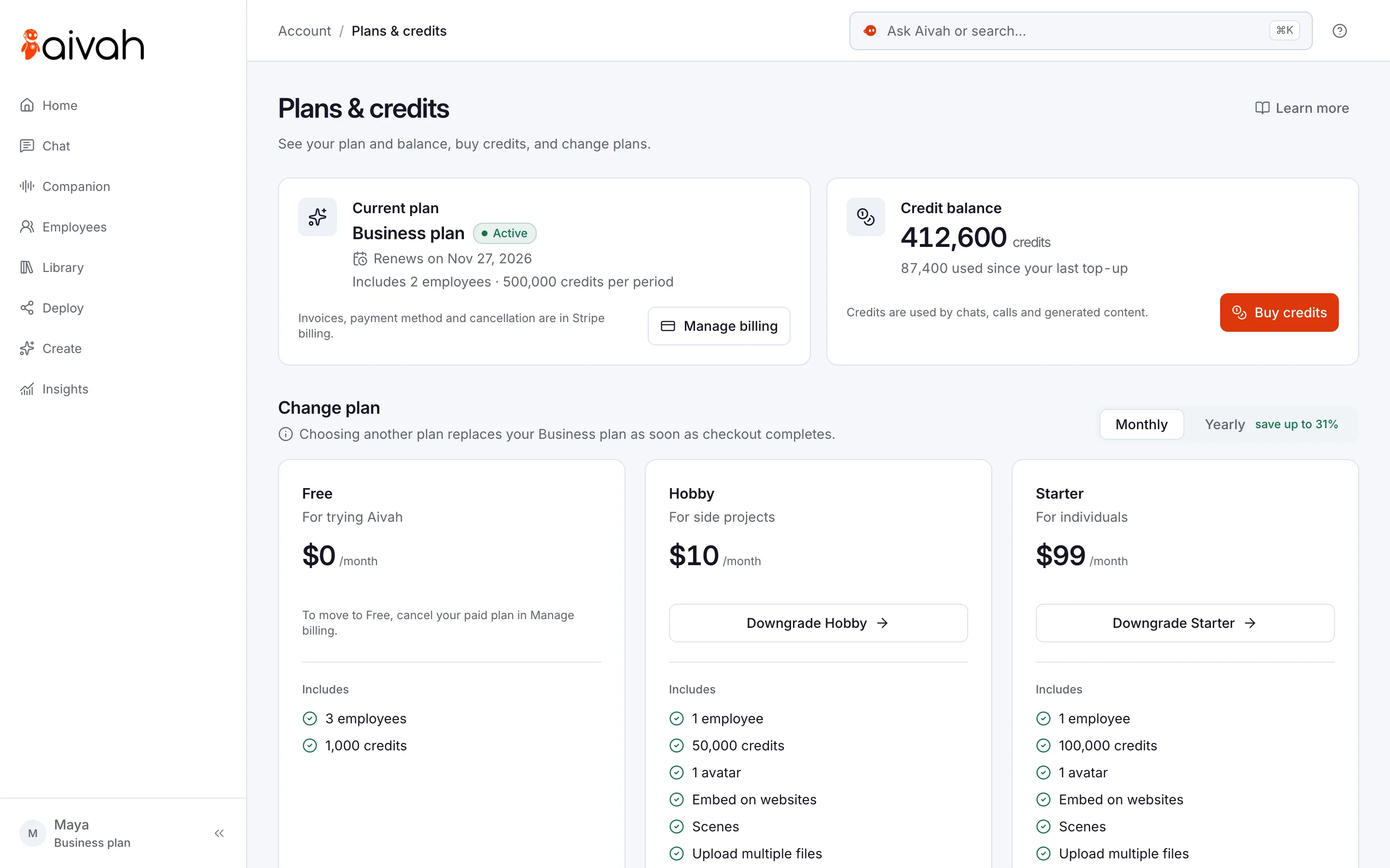 Plans & credits in Aivah: the current plan with its renewal date, the credit balance with Buy credits, and plans to change to with a Monthly or Yearly switch