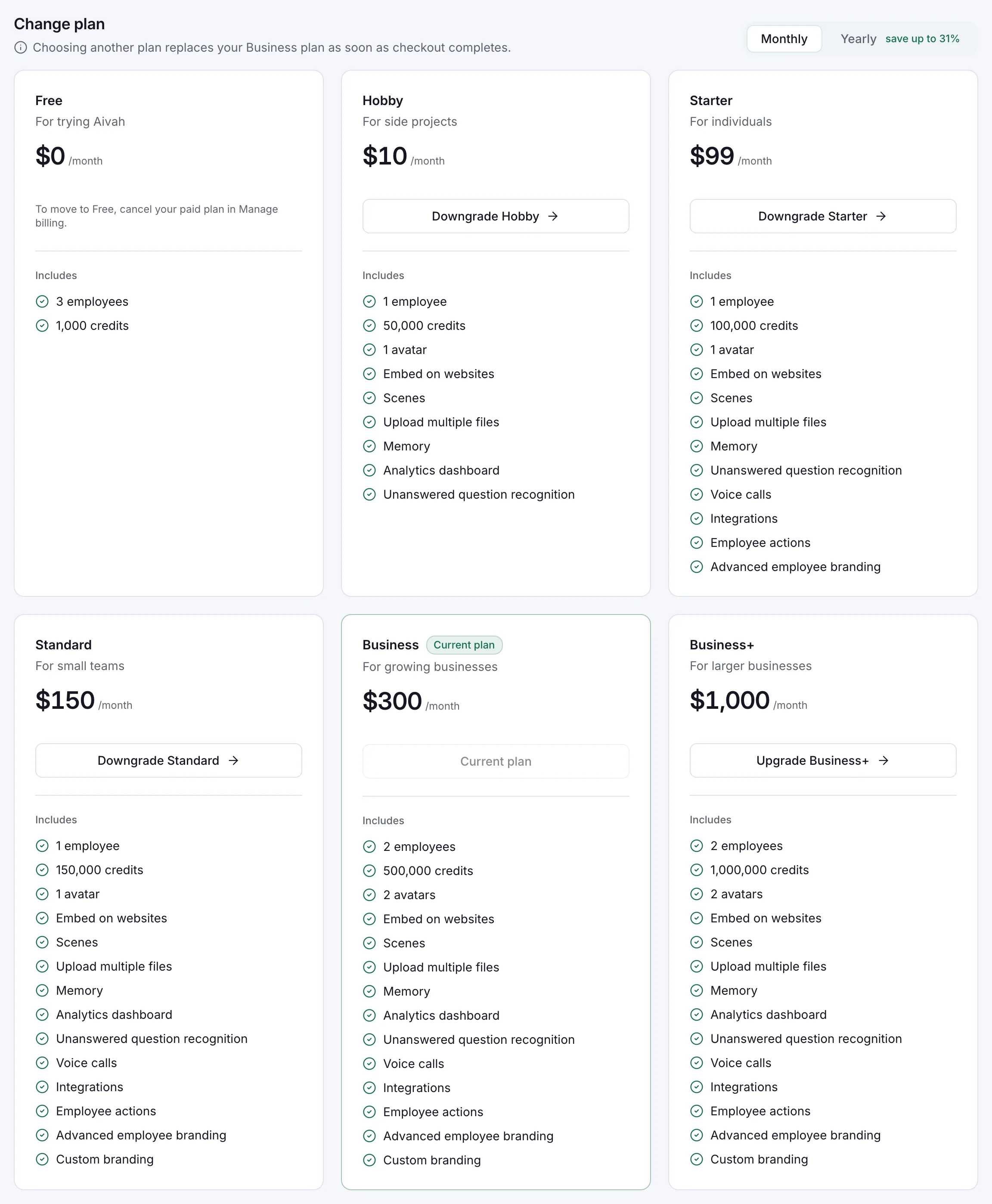 The plans in Aivah’s Plans & credits: Free, Hobby, Starter, Standard, Business and Business+, with monthly prices and what each includes