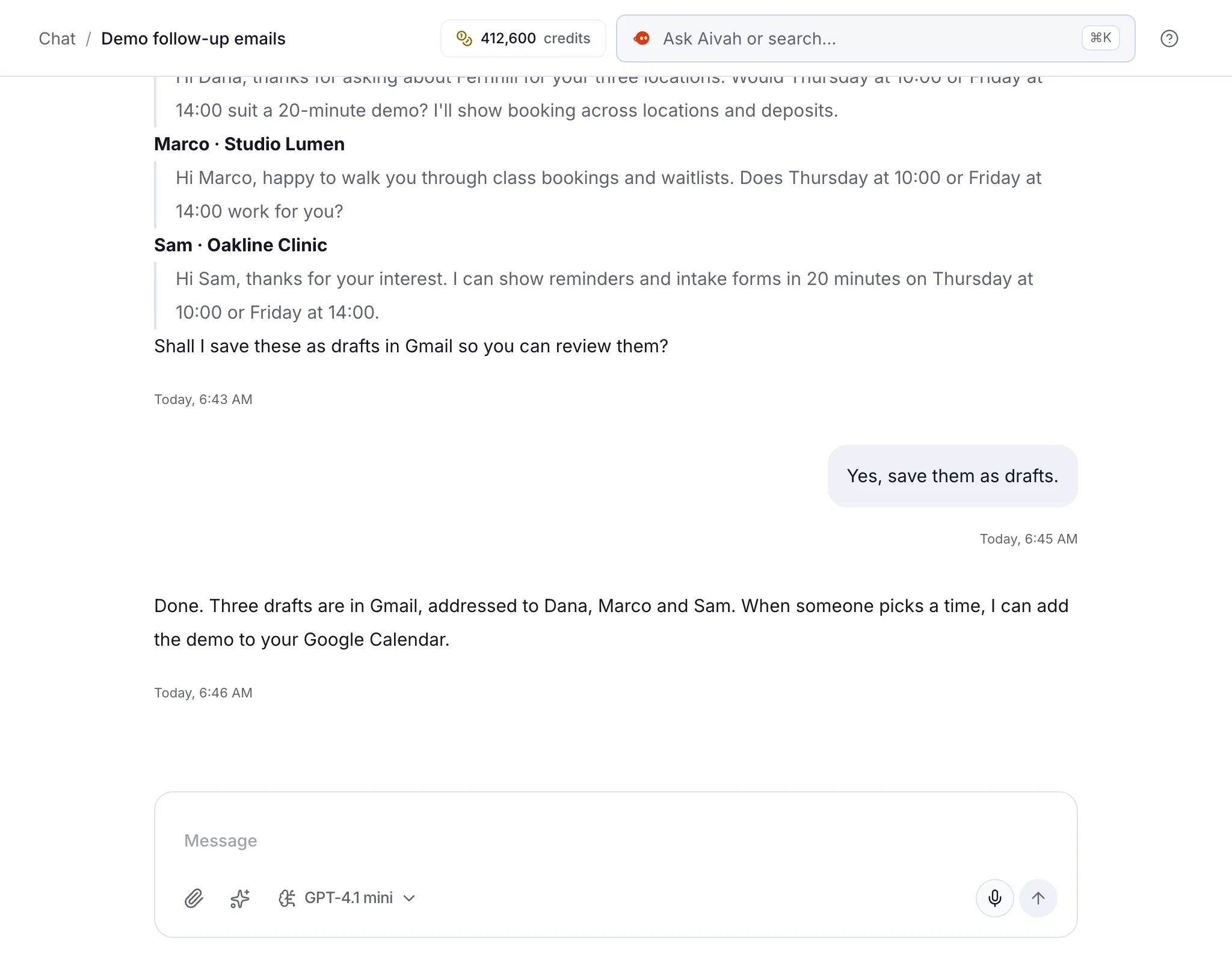 A chat in Aivah in which an AI employee drafts follow-up emails and saves them as Gmail drafts for review