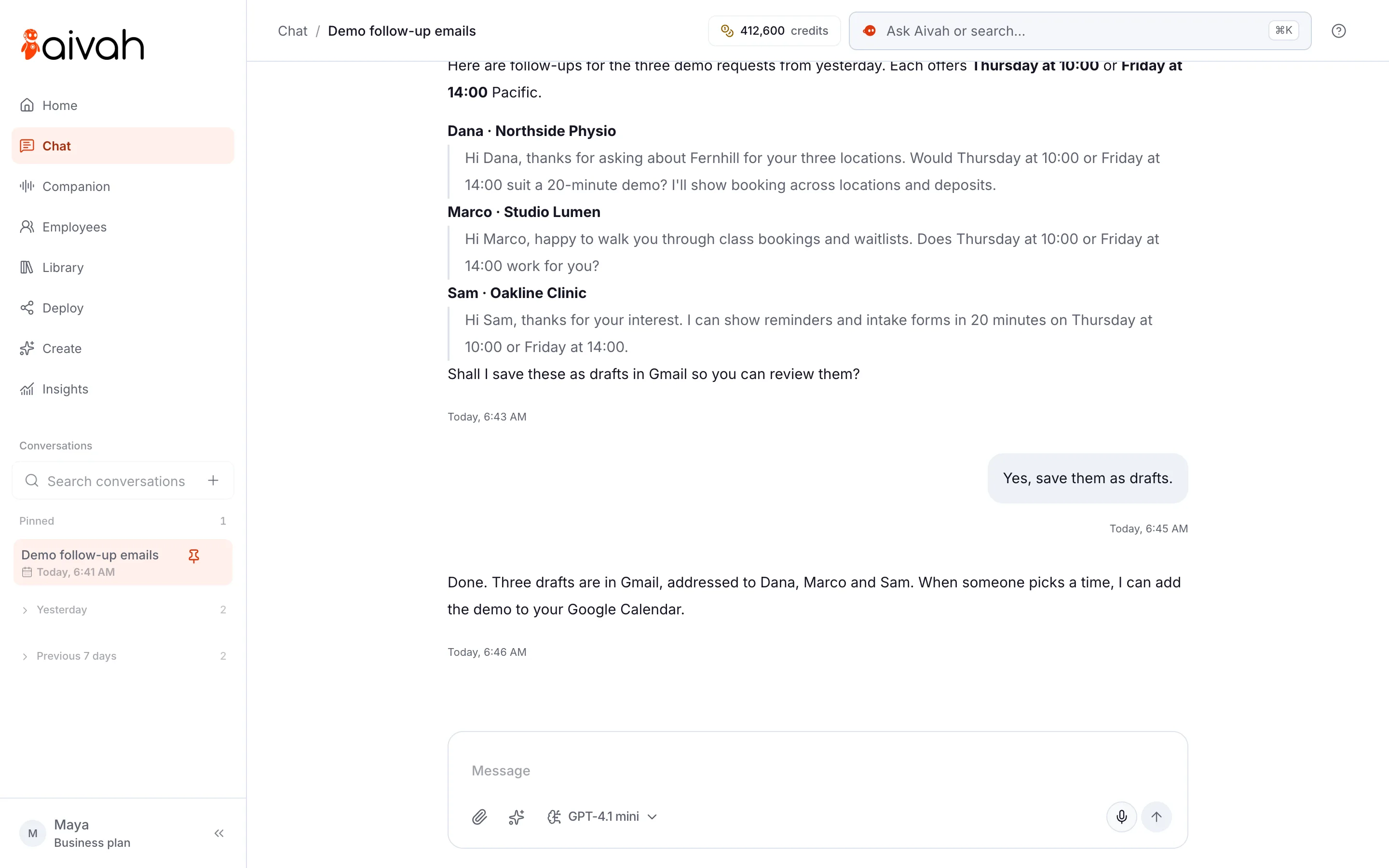 Chat in Aivah: the conversation history in the sidebar, an AI employee’s drafted follow-up emails and the message composer
