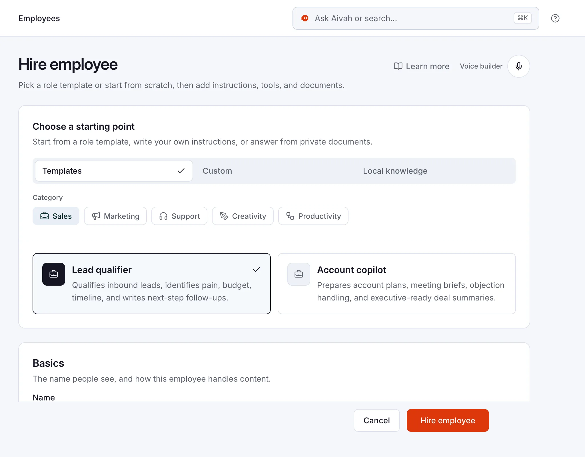 Hire employee in Aivah: choose Templates, Custom or Local knowledge, then a role template such as Lead qualifier
