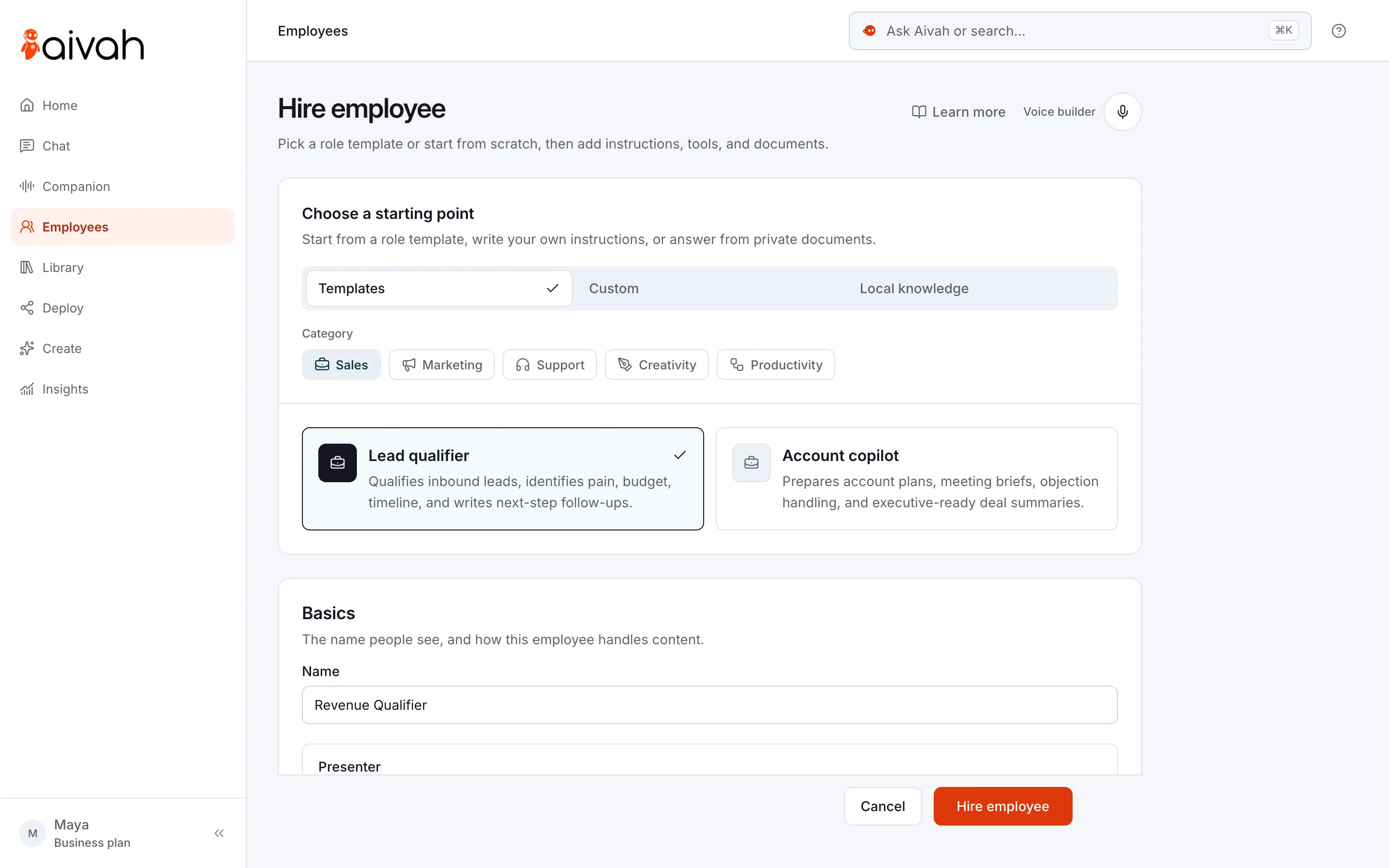 Hire employee in Aivah: starting points, role templates, the Basics section and the Presenter option