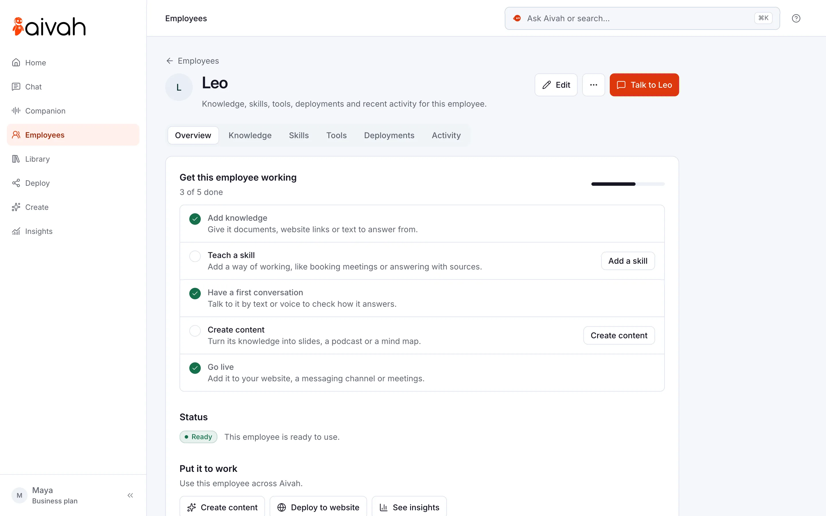 An AI employee’s overview in Aivah: a setup checklist with 3 of 5 steps done, its status and shortcuts to create content, deploy and see insights
