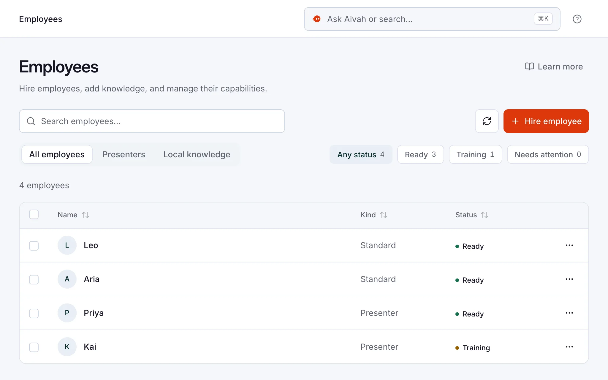 The Employees list in Aivah: four AI employees, two standard and two presenters, each with its status, and a Hire employee button