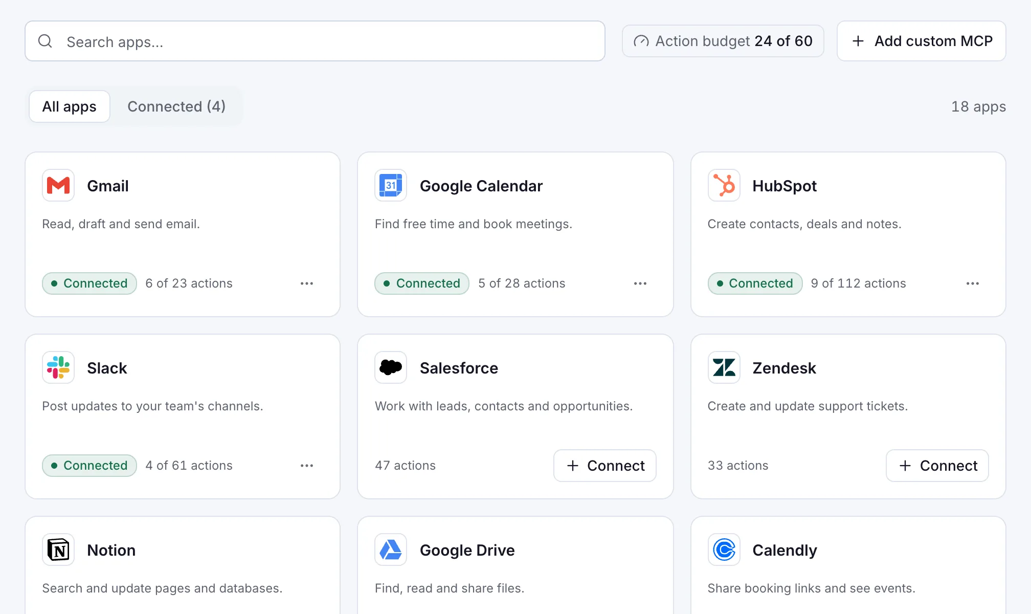 Connected tools in Aivah: connected apps, how many actions each one allows, the action budget and Add custom MCP