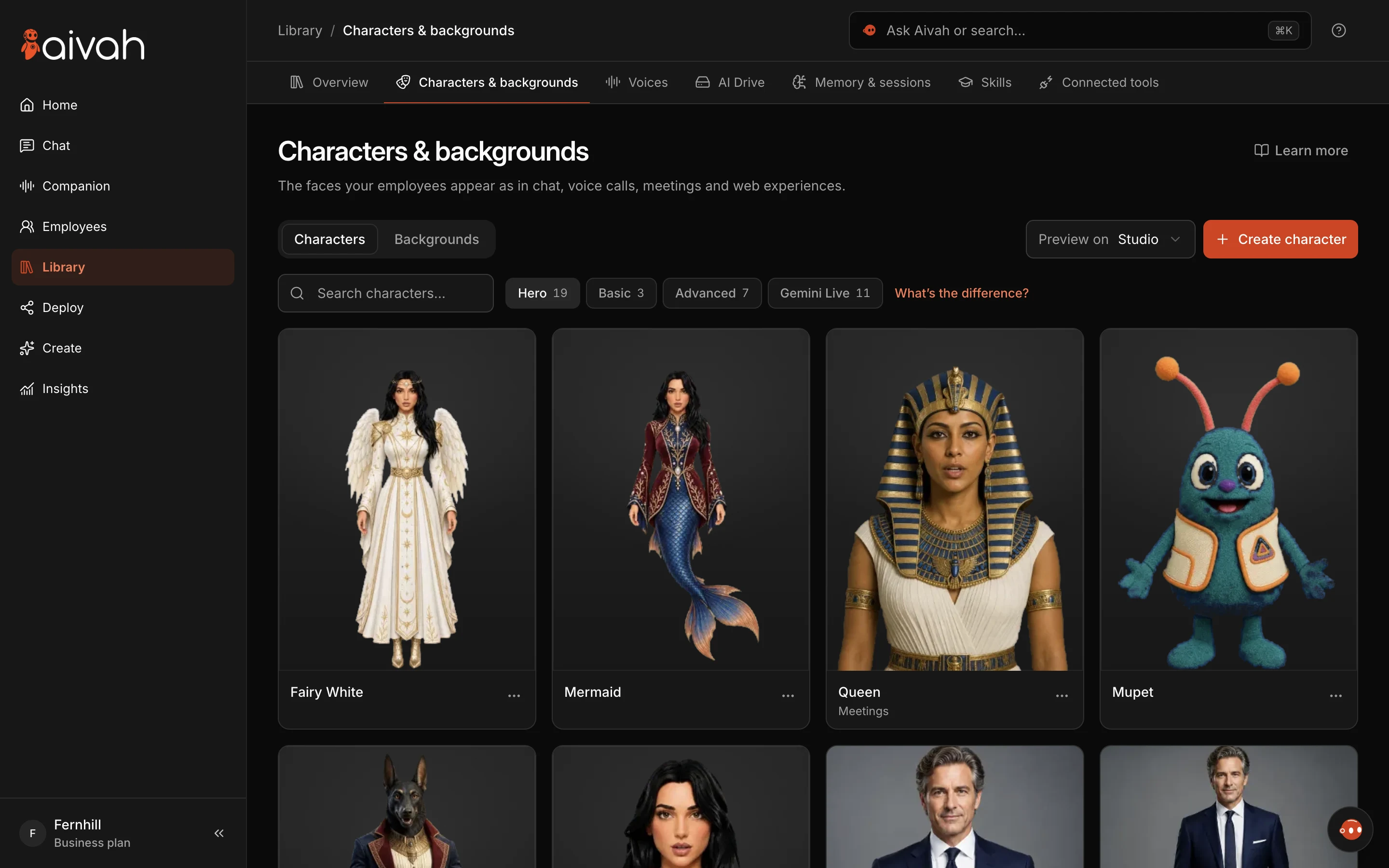 Characters & backgrounds in the Aivah Library, with the Hero, Basic, Advanced and Gemini Live catalogs