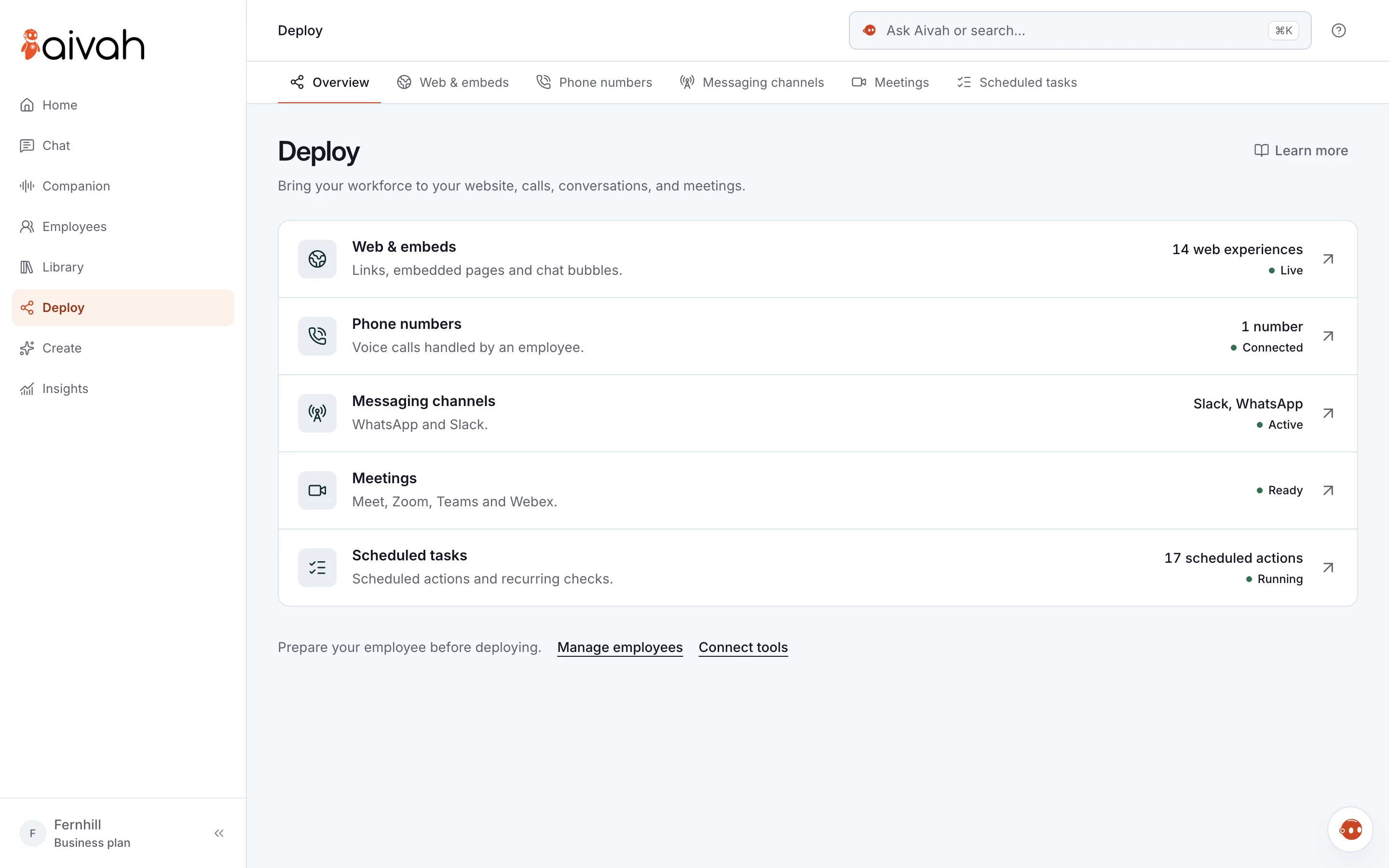 Deploy in the Aivah app: Web & embeds, Phone numbers, Messaging channels, Meetings and Scheduled tasks, each with its status