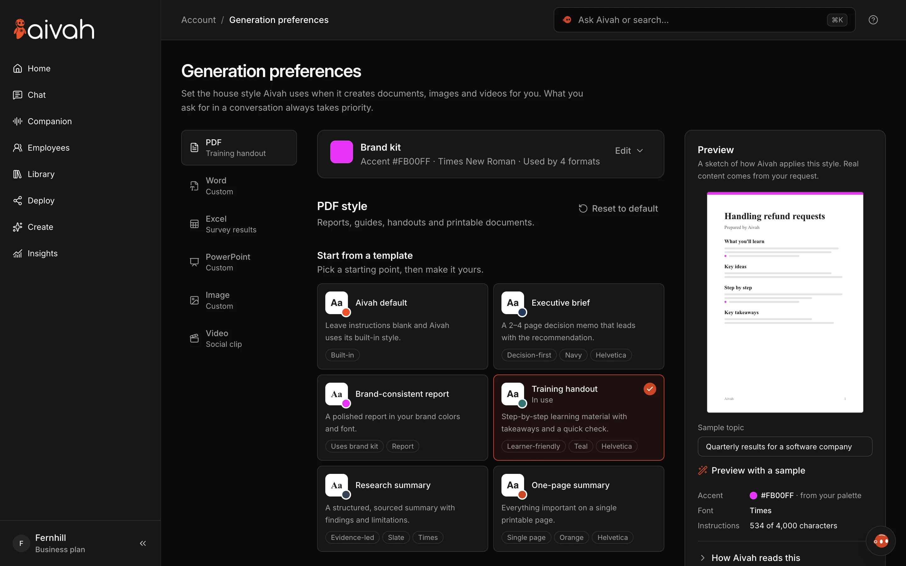 Generation preferences in Aivah: a house style per format, a brand kit with accent colour and font, templates and a live preview