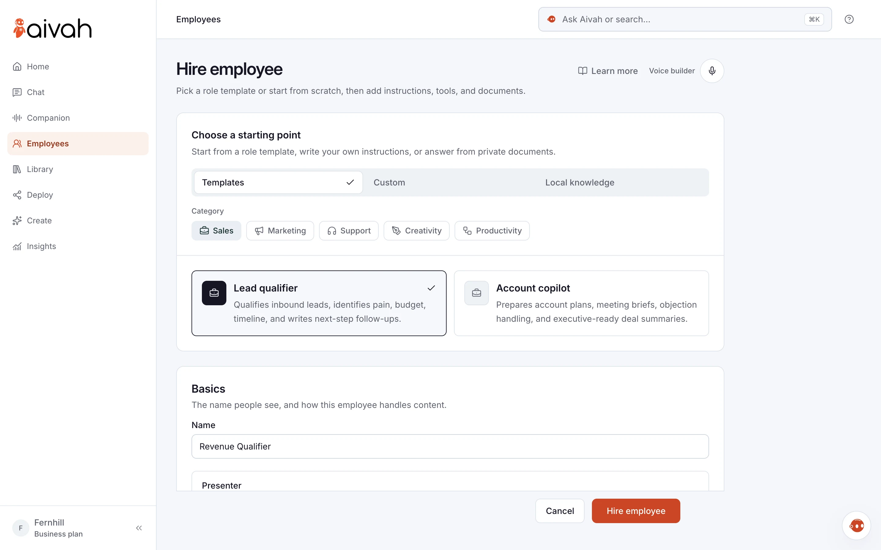 Hire employee in Aivah: start from a role template, Custom or Local knowledge, with the Sales templates Lead qualifier and Account copilot