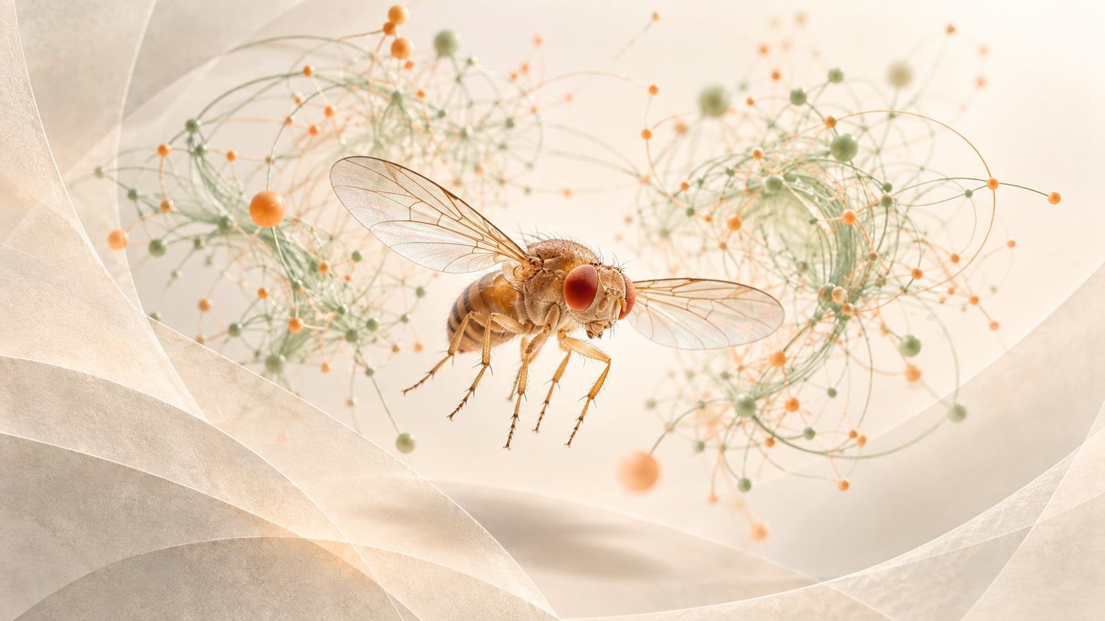 Original illustration of a fruit fly surrounded by abstract sage and orange connections
