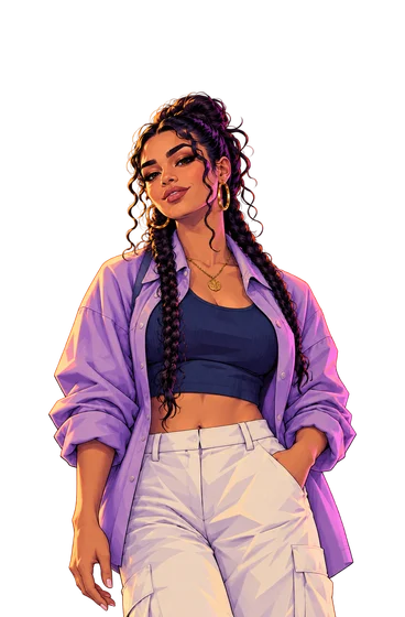 Aivah’s braided-hair character in a lilac jacket with a blue and pink background