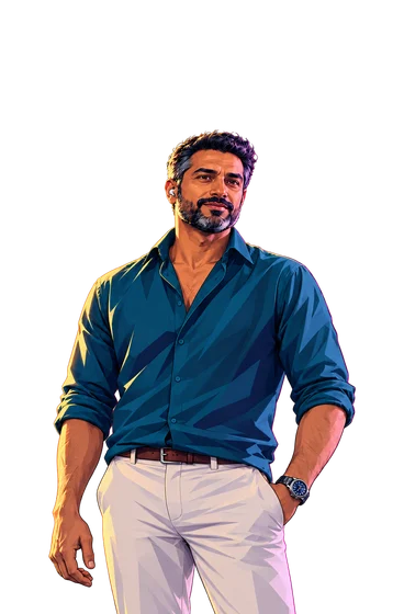 Aivah’s teal-shirt character against his blue evening background