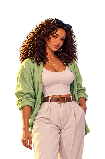 Aivah’s curly-haired character in a mint shirt with a pastel background