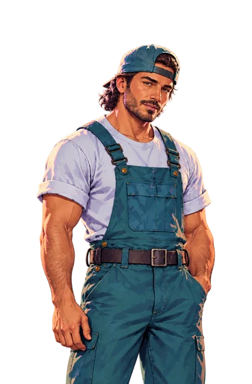 Aivah’s character wearing teal work overalls and a cap, with his matching background