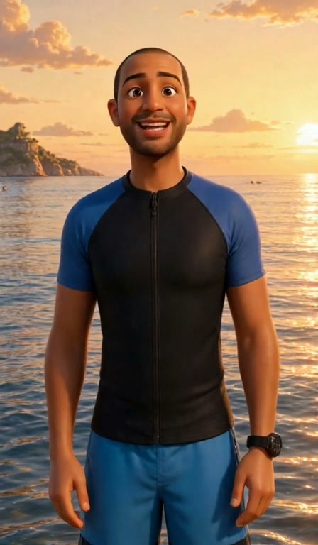 Meta Muse example of an illustrated full-body beach guide avatar
