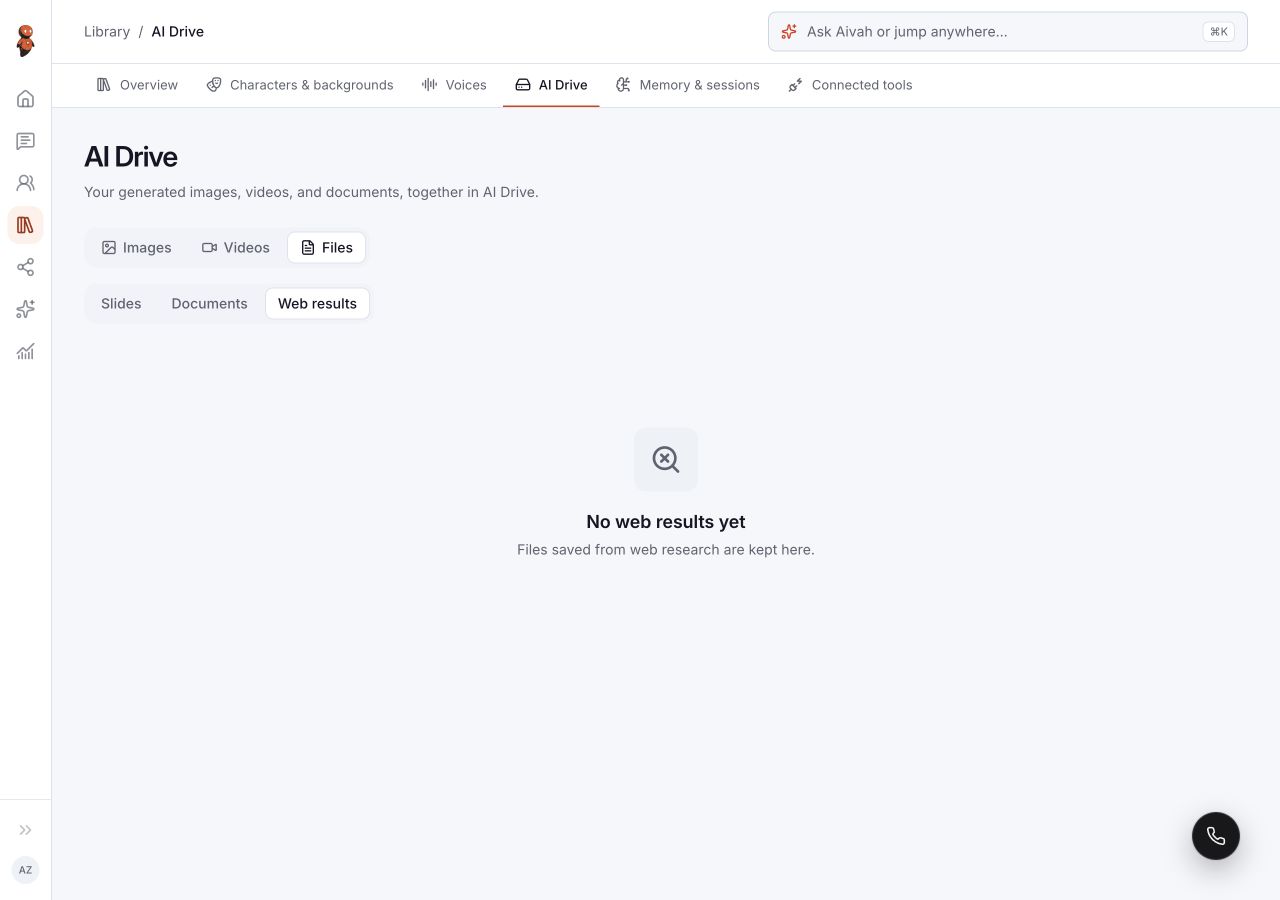 AI Drive with Images, Videos, Files, and Slides, Documents, Web results tabs.