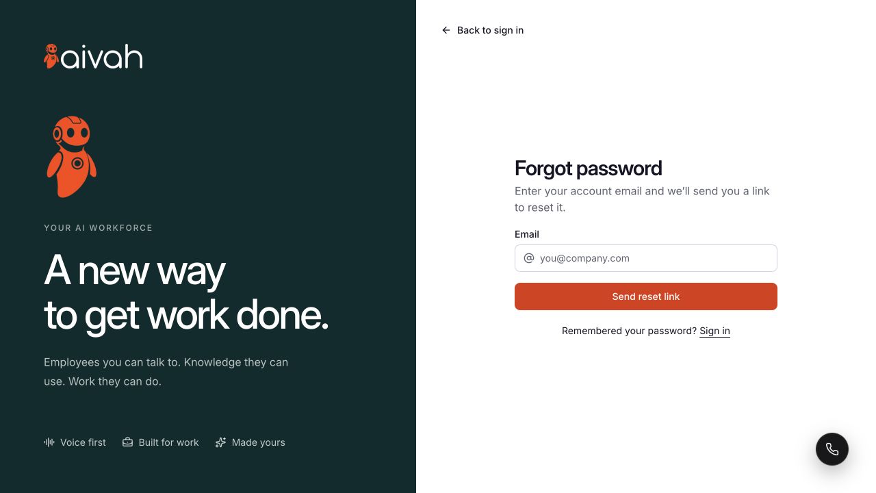 Forgot password form with account email and Send reset link.