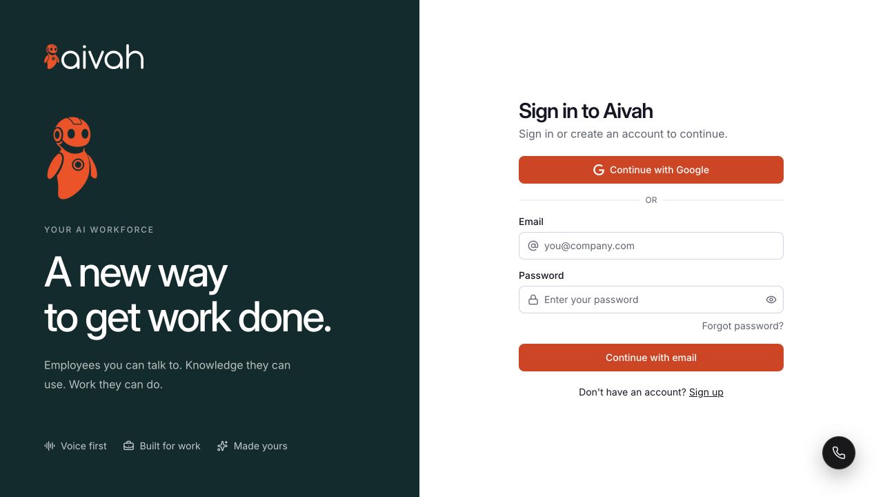 Sign in to Aivah with Google or email and password.